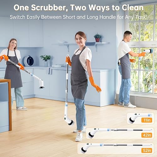 Miniatura 5 de Depurador eléctrico giratorio, limpiador de ducha inalámbrico con 8 cepillos de fregar, 2 velocidades con mango de extensión ajustable, pantalla de