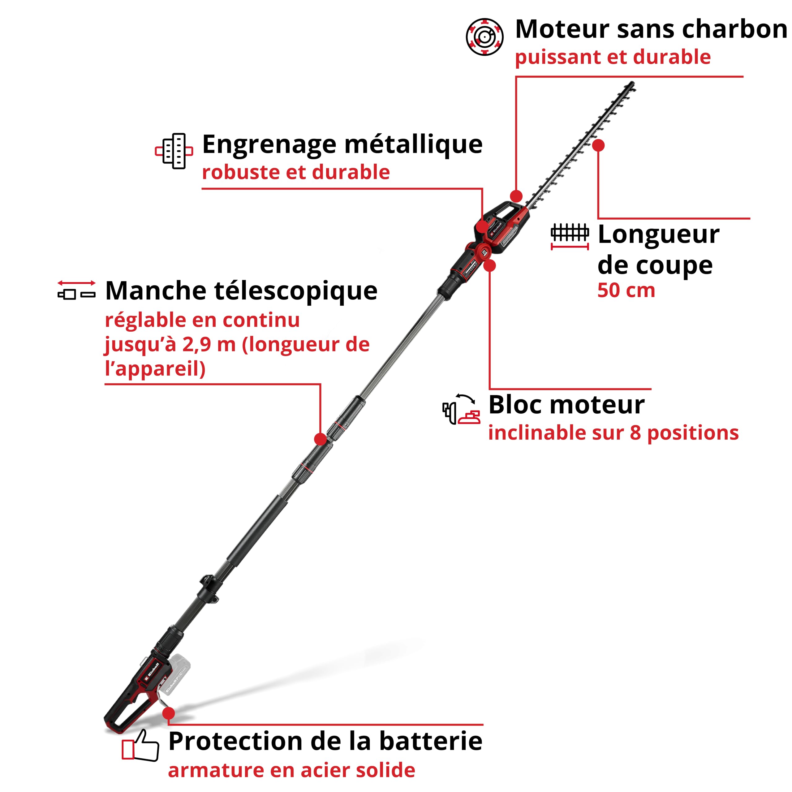 Einhell Professional Taille-haie télescopique sans Fil GP-HH 18/50 Li BL Power X-Change (18V, Longueur Coupe 50cm, Denture 25mm, Moteur sans Charbon, 8 Positions) avec Batterie 4,0Ah Plus et Chargeur
