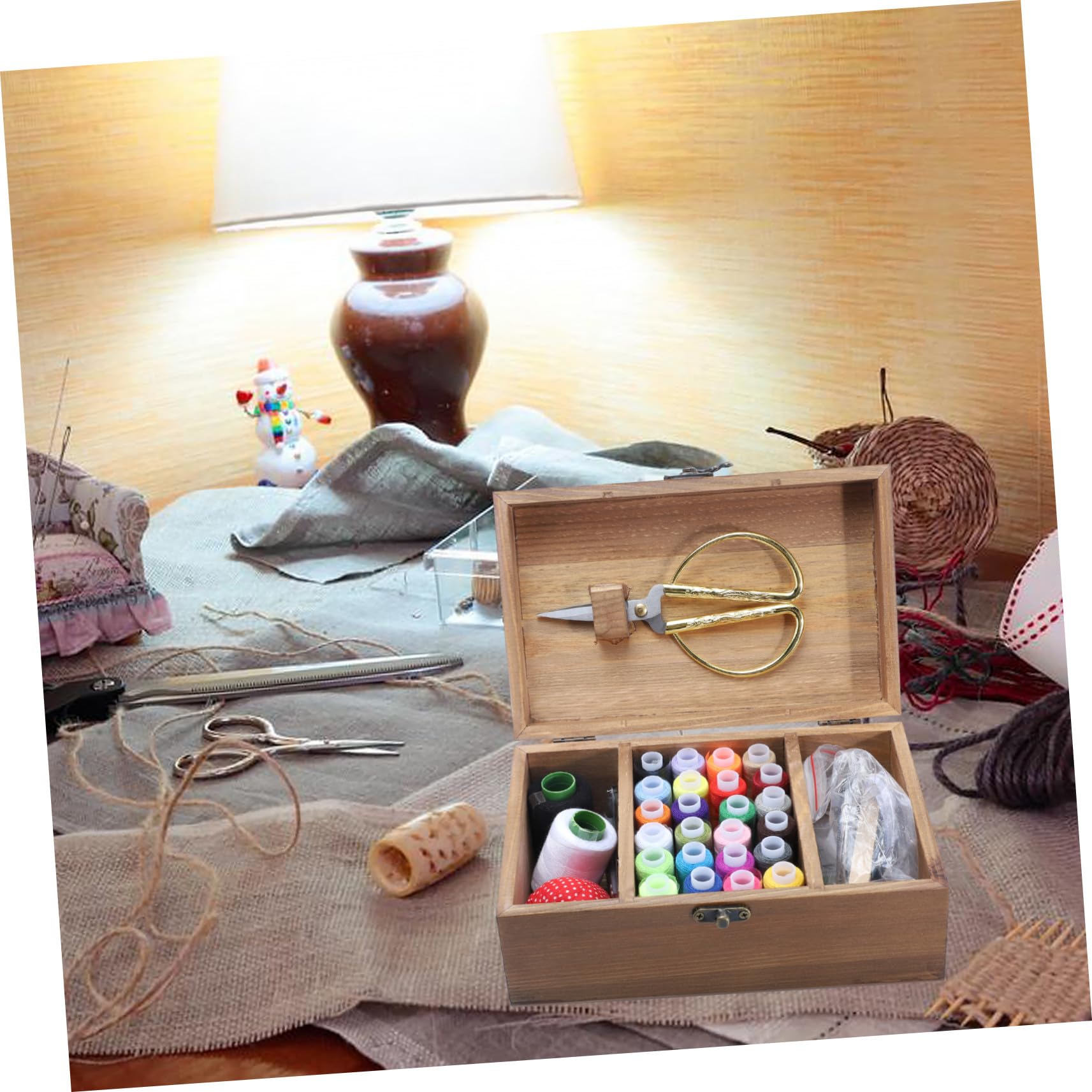 Caja de Costura de Madera Maciza Kit de Costura Completo para Manualidades, 1 Unidad Marrón Retro, Agujas E Hilos, Organizador Práctico para Hogar y Diy, Almacenamiento
