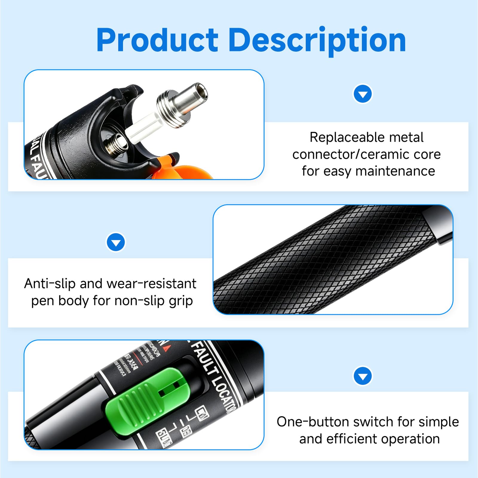 30mW Localizador Visual de Fallos, Probador de Fibra Óptica VFL, Pluma de Prueba de Cable Portátil con Interfaz Universal 2,5mm 30KM de Alcance para Cables Monomodo y Multimodo