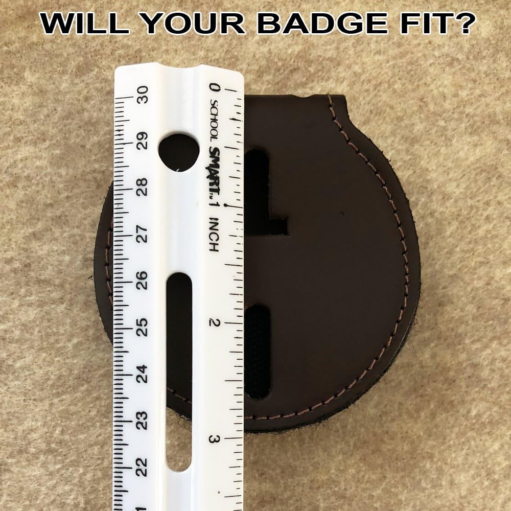 Round Police Badge Holder Belt Clip with Chain Dark Brown Leather