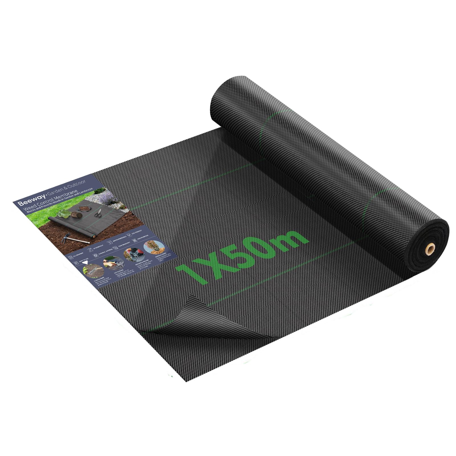 BEEWAY Weed Control Membrane 1m x 50m/Roll, Heavy Duty Weed Control Fabric 90gsm, UV Stabilised Weed Barrier Fabric/Ground Cover for Patios Garden Flower Beds Landscaping Artificial Grass