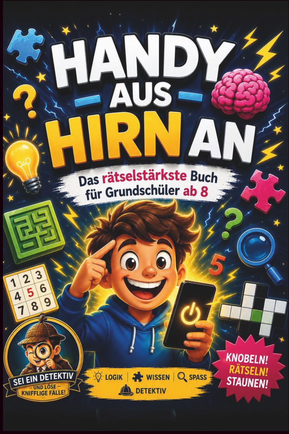 HANDY AUS - HIRN AN! Das rätselstärkste Buch für Grundschüler ab 8 Jahren. Knobeln - Rätseln - Staunen: Spannende Rätsel für Jungen und Mädchen - Mit ... - Unterhaltung für lange Autofahrten - Ferien