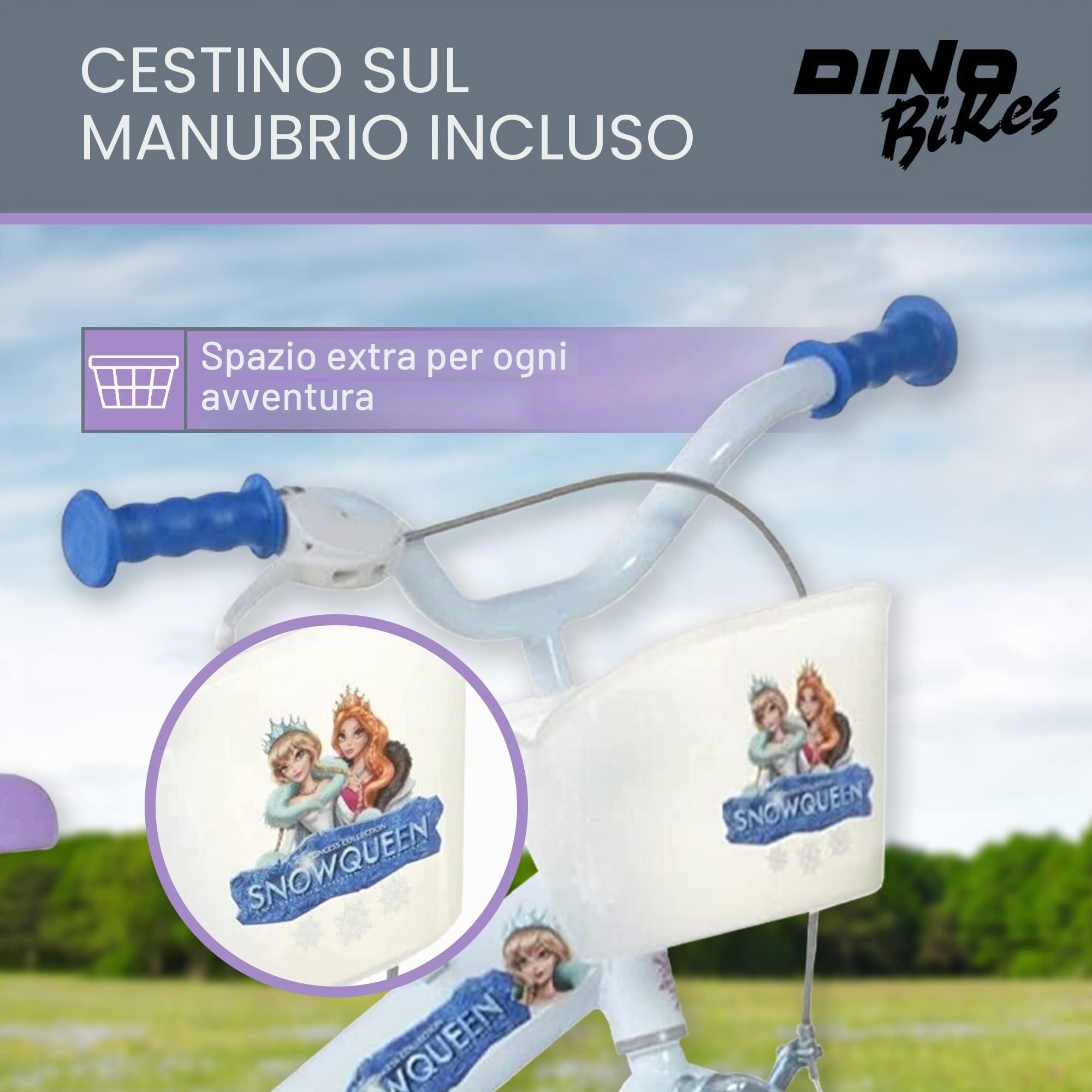 Dino Bikes - Bicicletta per bambini Frozen - Bicicletta da ragazza con ruote di supporto rimovibili a partire dai 2 anni - Bicicletta per bambini con cestino anteriore e supporto per bambole, altezza