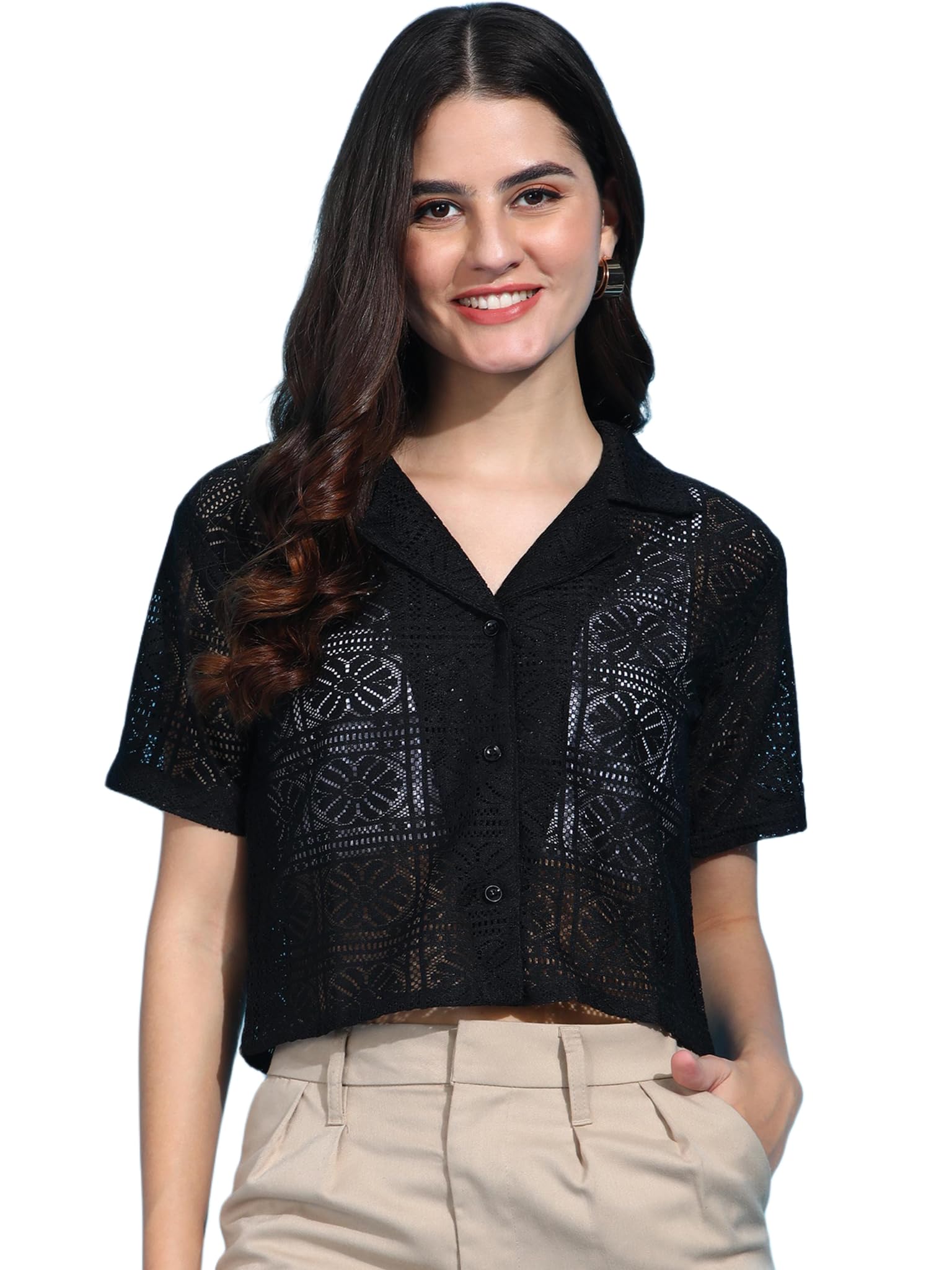 Casual Net Design Transparent Crop| Stylish Collared Shirt for Women | Casual Shirt for Woman-image-20