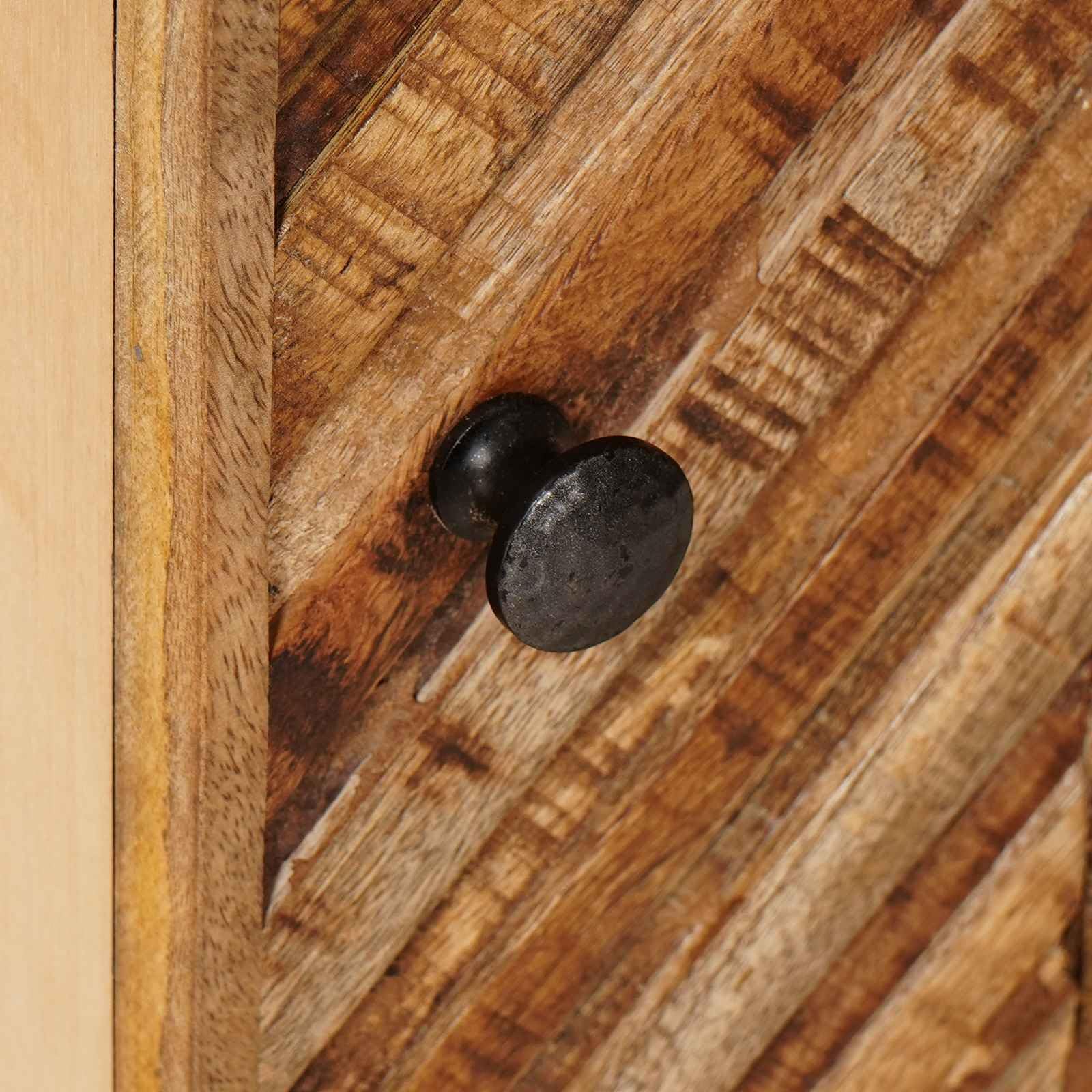 Stauraumschrank Braun aus massivem Mango-Holz 40 x 33,5 x 110 cm mit Messingknöpfen und 3 Türen, Wohnzimmer Medienaufbewahrung für TV, DVD, CD, Vinyl, Router, Kabel und Gaming Zubehör