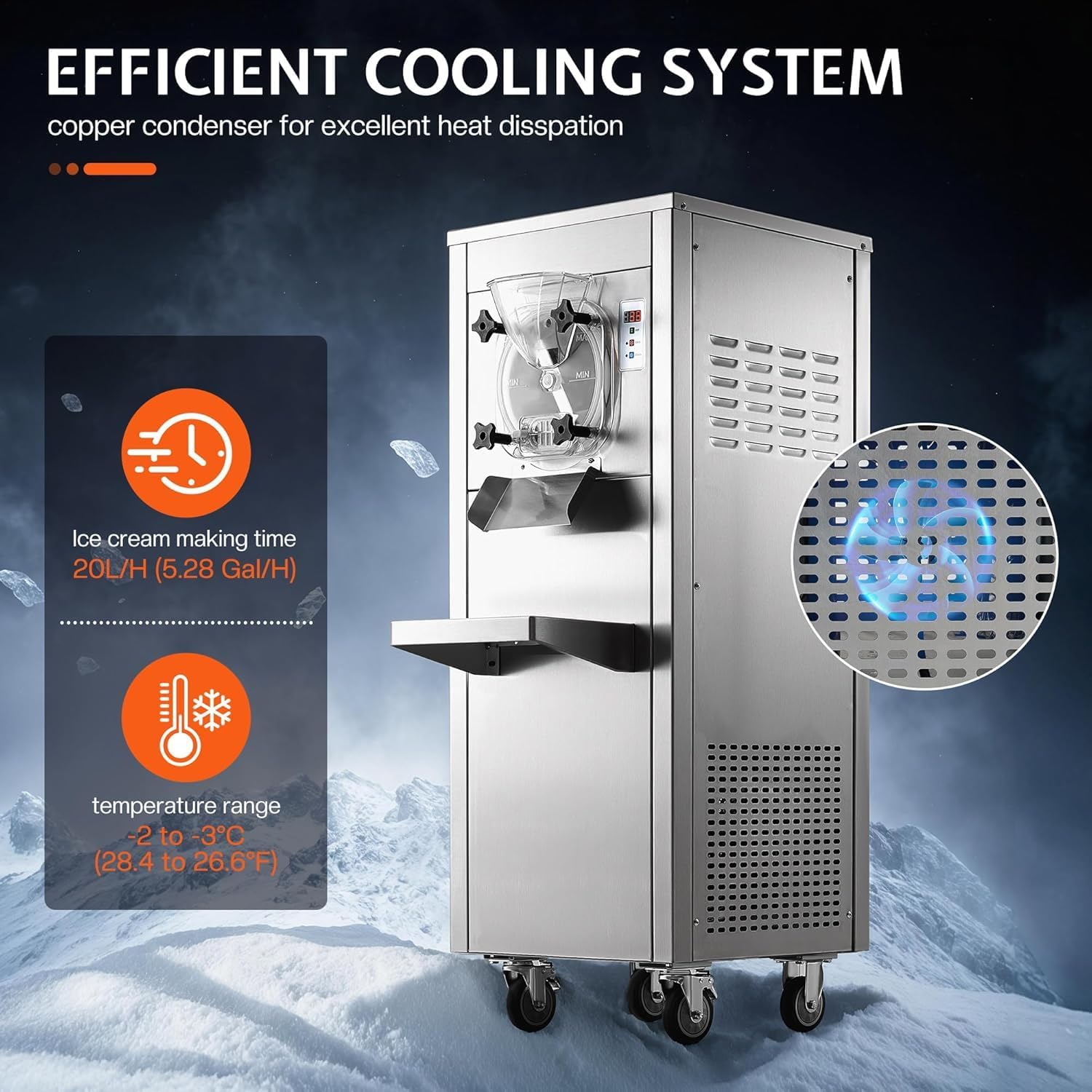 Jocisland Commercial Hard Ice Cream Machine, 20L/H Ice Cream Maker, 1600W with 10L 304 Stainless Steel Cylinder, LED Control Panel, Auto Clean & Pre-Cooling for Restaurant & Snack Bar