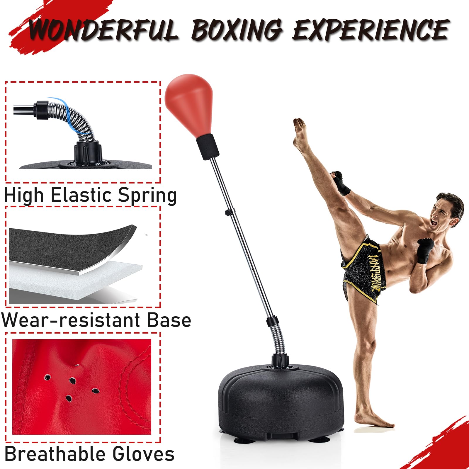 KOMFOTTEU Saco de Boxeo con Altura Ajustable 140-158 cm, Punchingball con Guantes de Boxeo, Pelota de Boxeo de Pie con Base Rellenable, Juego de Boxeo para Niños y Adultos (Rojo)