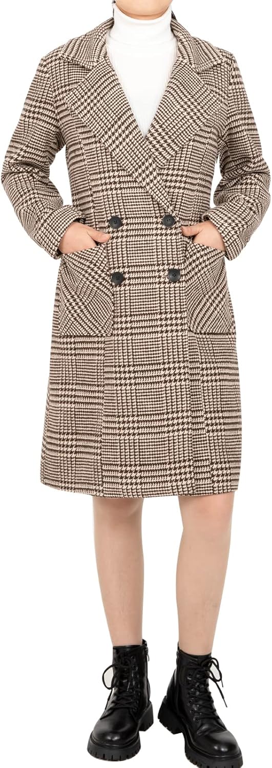 Hacikis Womens Houndstooth Wool Blend Trench Coat Notch Lapel Double Breasted Winter Outwear Pea Coats