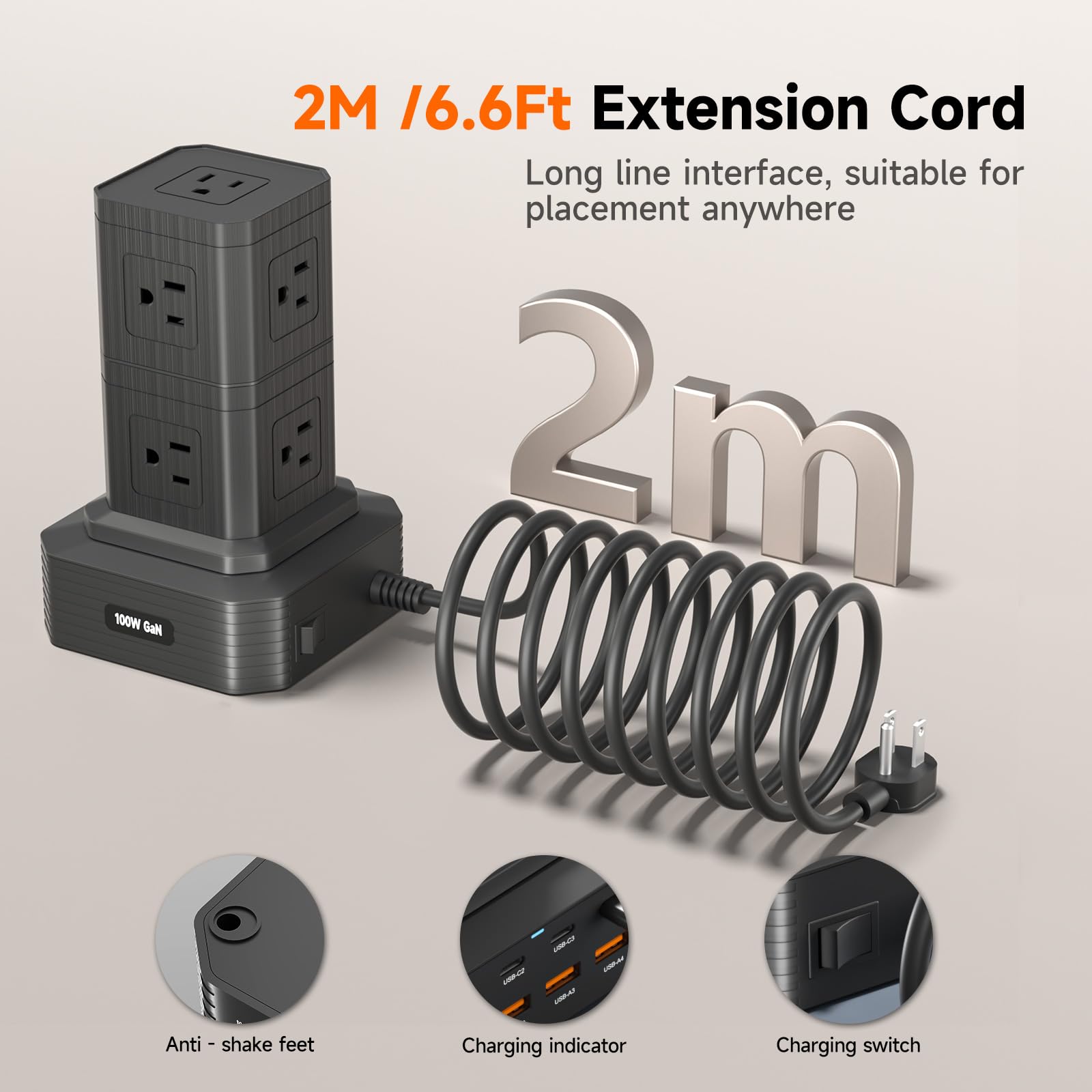 Estación de carga (100 W), regleta de alimentación USB C 17 en 1 con protección contra sobretensiones, cable de extensión de 6.5 pies, 4 puertos USB C y 4 puertos USB A, 9 salidas de CA para oficina