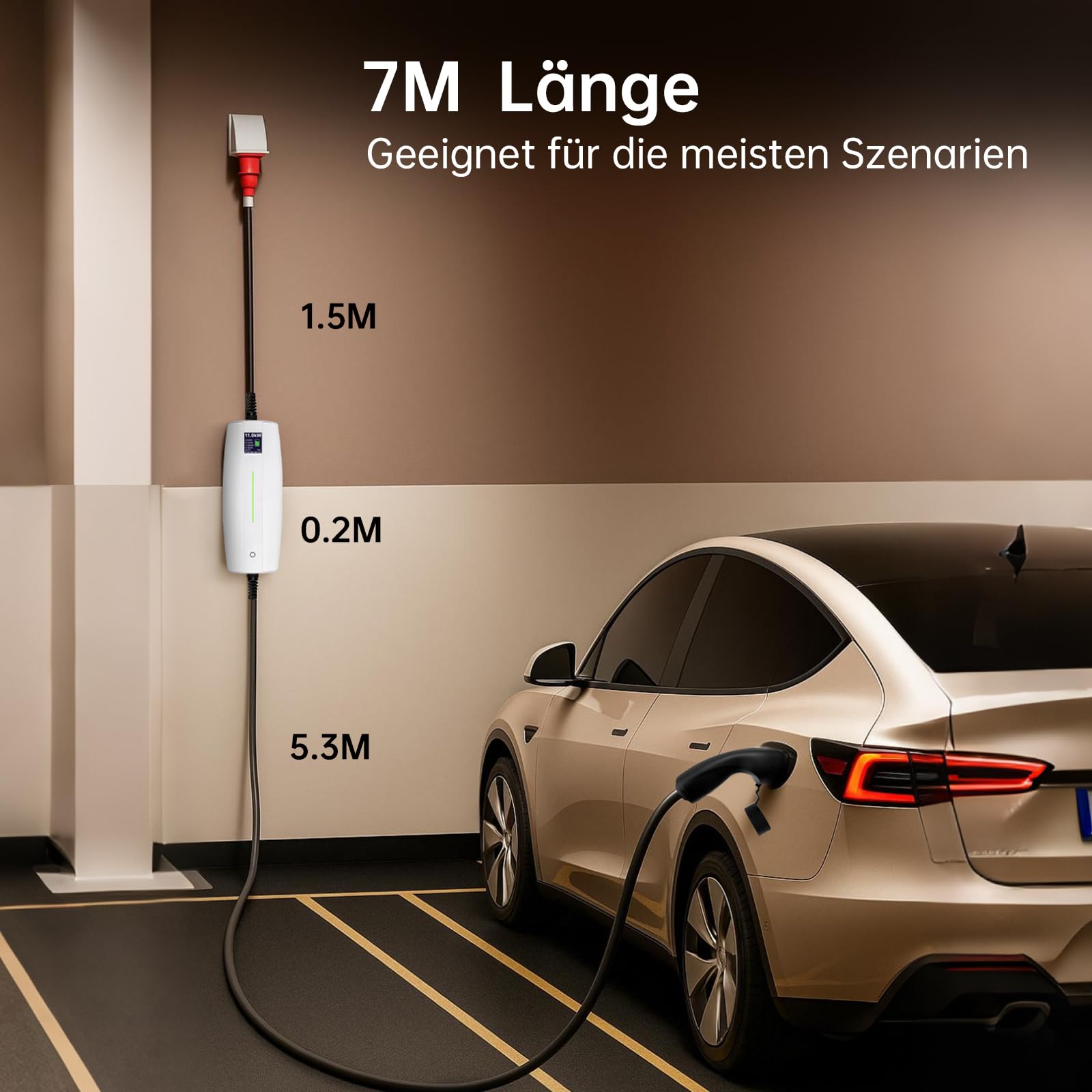 Mobile Wallbox 11kW [3-phasig|7m|8A/10A/16A] mit Einstellbarer Ladeleistung, Ladekabel CEE 16A auf Typ 2 Ladestation für Model Y/3, ID.3/4/5, MG4, i4, e-tron und BEV/PHEV
