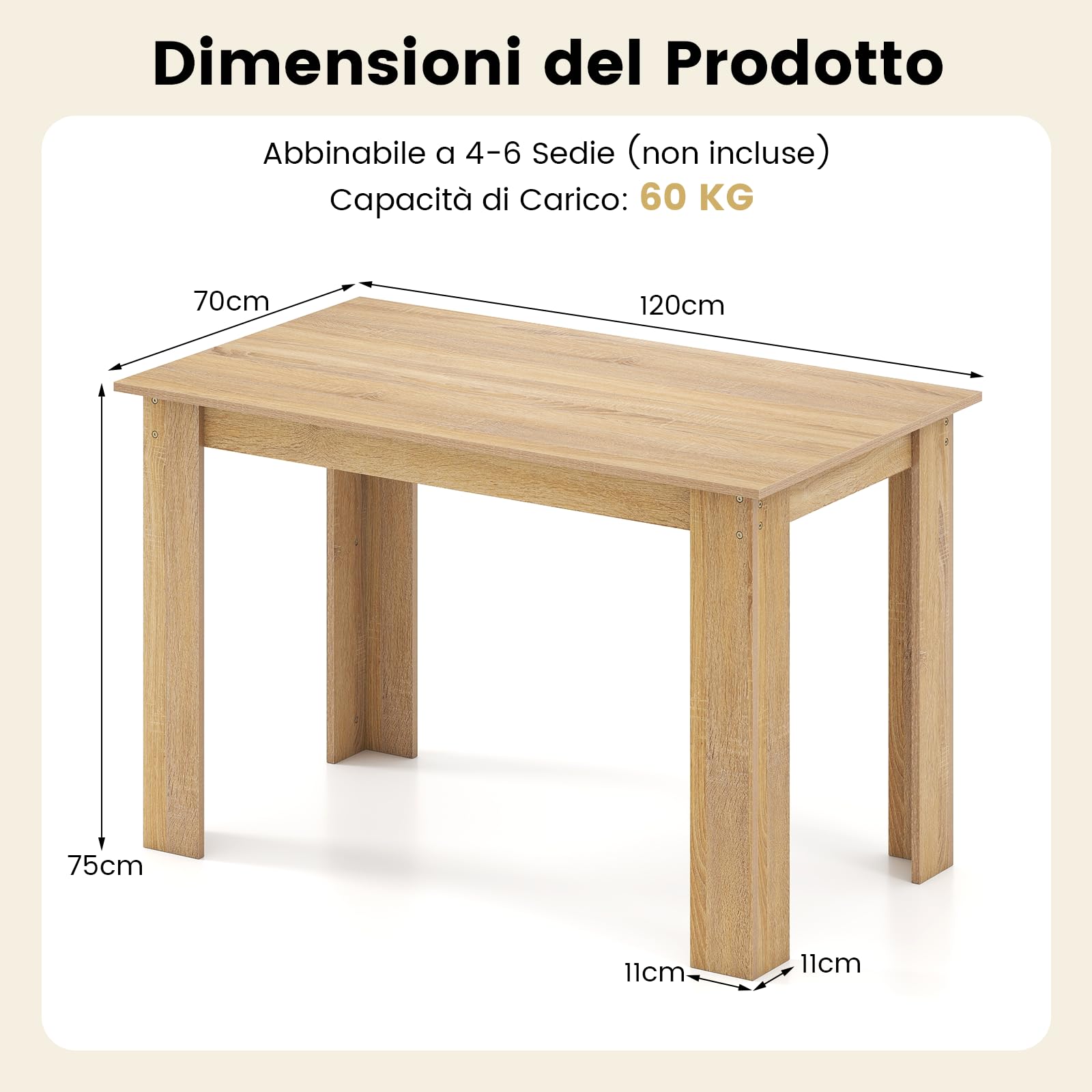 COSTWAY Tavolo da Pranzo 120 cm per 4-6 Persone, Tavolo Rettangolare in Legno in Stile Rustico, Tavolino Elegante per Cucina, Soggiorno e Sala da Pranzo, 120 x 70 x 75 cm