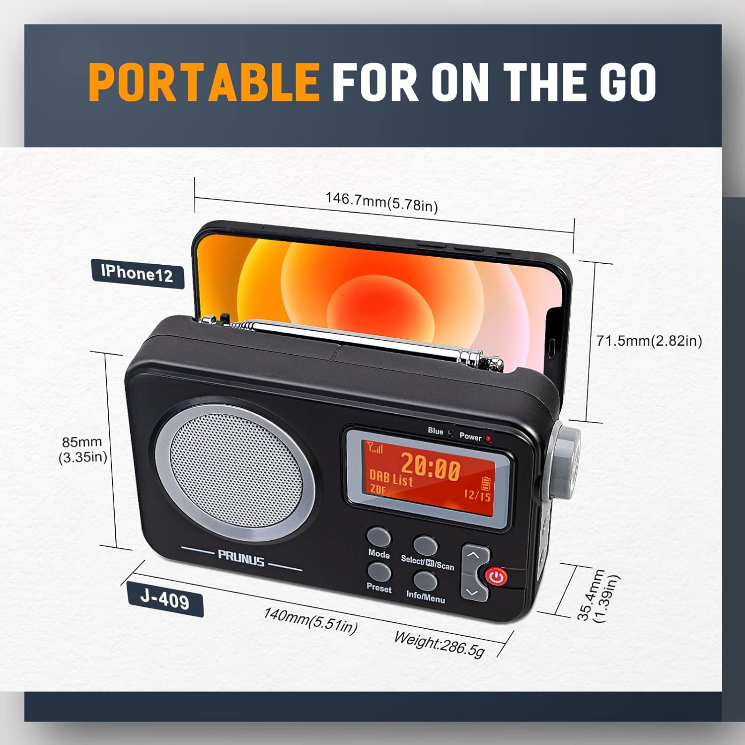 PRUNUS J-409 Radio dimensions compared to iPhone 12
