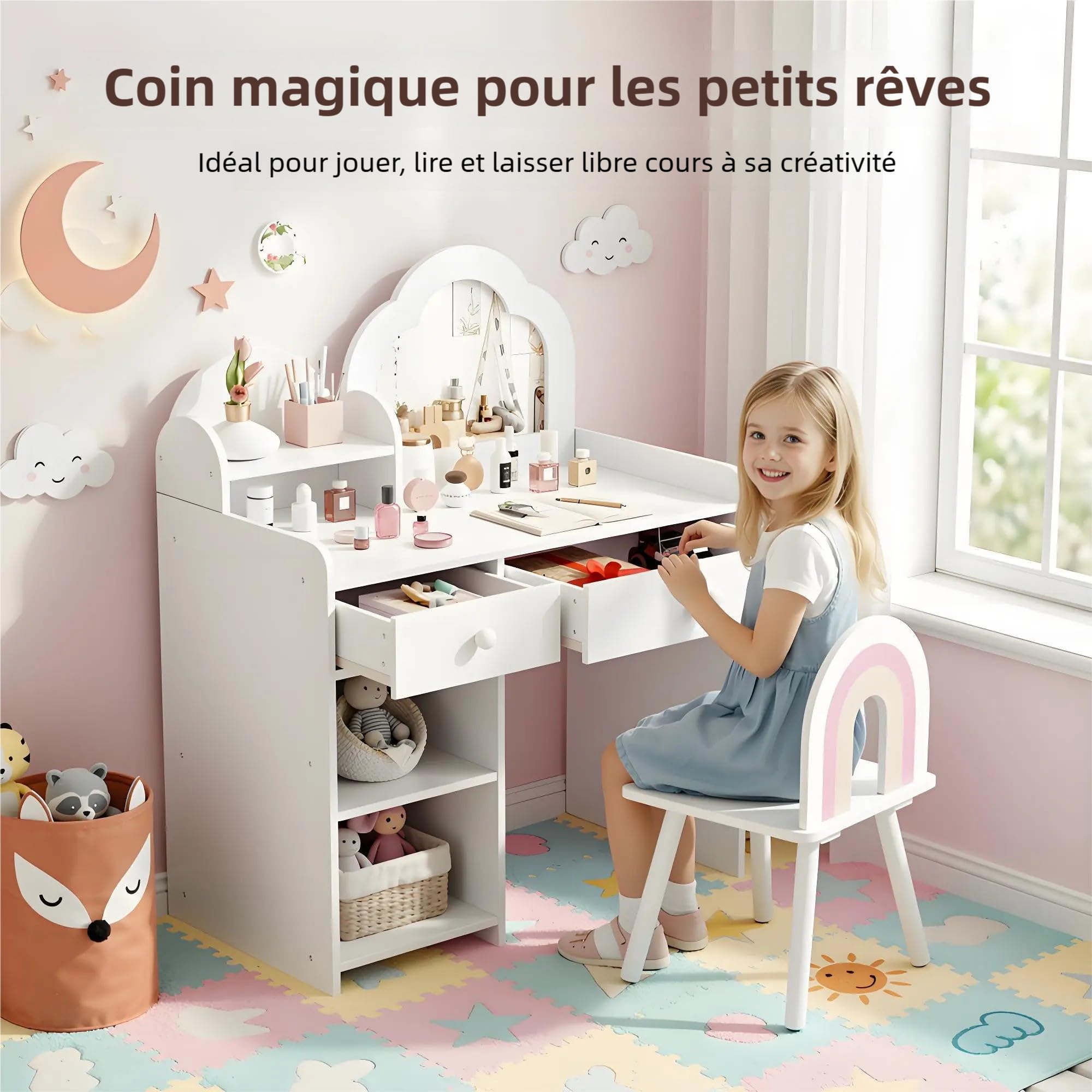 Clevich 2 en 1 Coiffeuse Enfant, Coiffeuse pour Fille avec Miroir et 2 Tiroirs, Casiers, Bureau pour Enfants avec Tabouret, Motif Arc-en-Ciel, Table de Maquillage pour Enfants 3 à 8 Ans (Blanc)