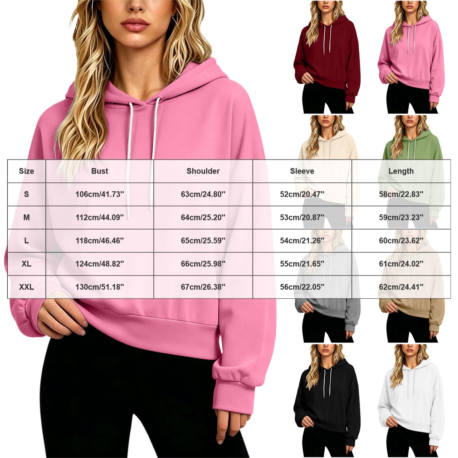 Felpa con Cappuccio Corta da Donna, Tinta Unita, Ampia, per Autunno e Inverno. Felpa Tinta Unita Donna