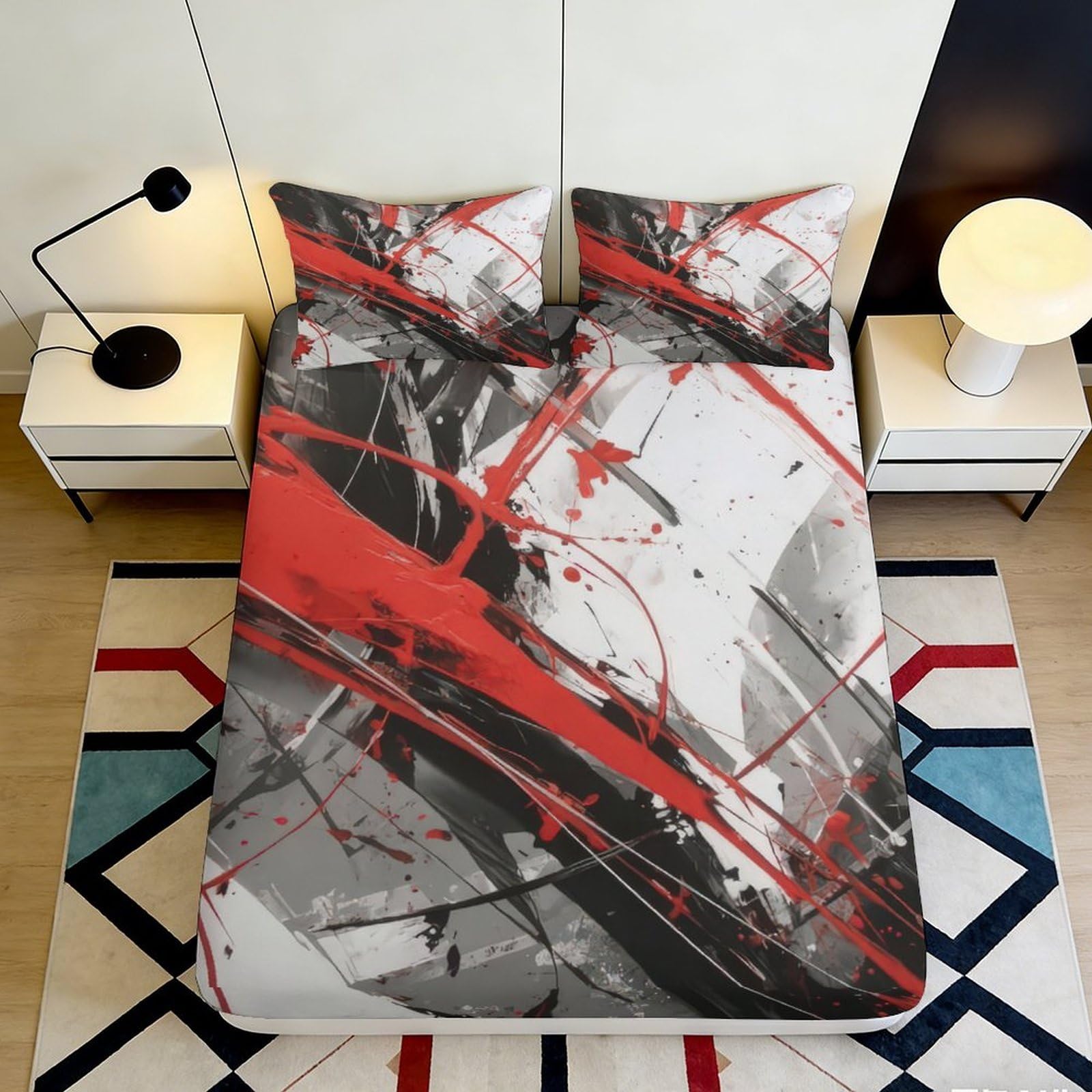 Pnayamiorkfel Style-1 3D Printed Abstract Red Black Fitted Sheet Microfiber Modern Art Pattern Bed Cover For Bedroom Guestroom Easy Care 90X200x25cm