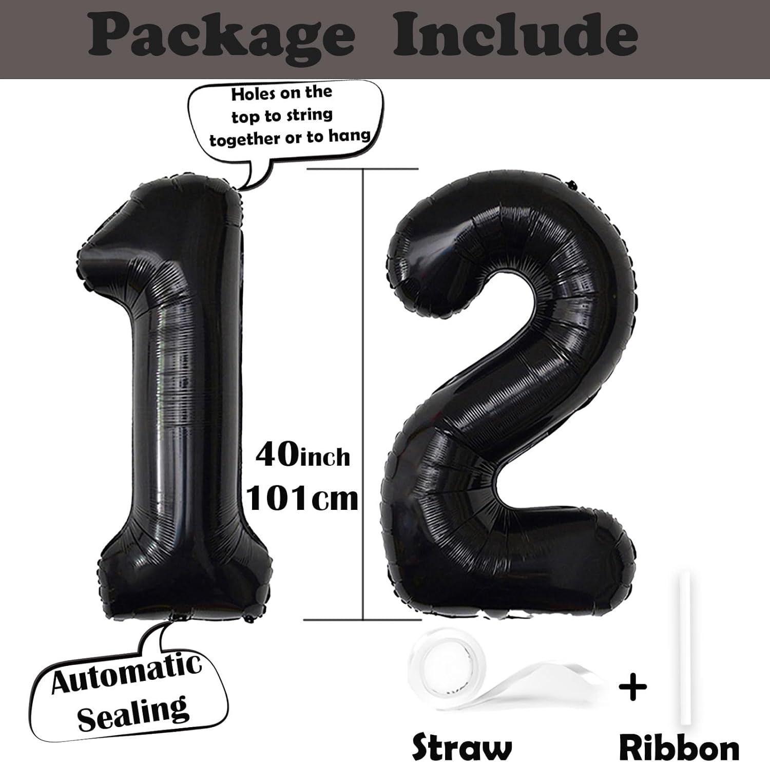 40 Inch Black Foil Mylar Balloon 12th Birthday Decorations for Girls And Boys 12 Birthday Balloon for Girls 12th Anniversary Decoration Birthday Party 21 Birthday Balloon for Girls And Boys - Image 3