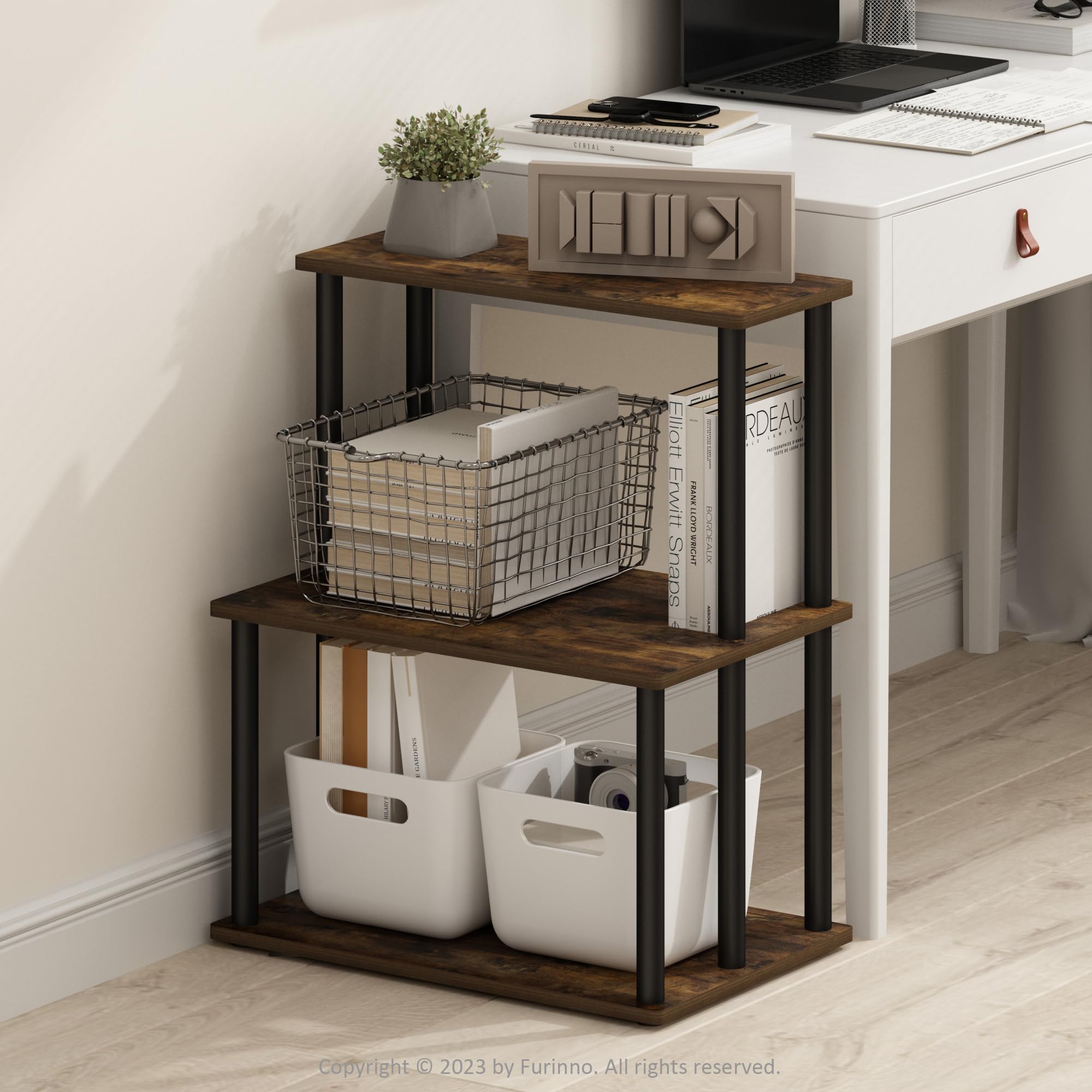 Furinno TURN-N-TUBE Printer Stand, 3-Tier Printer Table with with Storage Shelf, Open Frame Standing Shelf, for CPU, Office Supplies, Home Office, Amber Pine