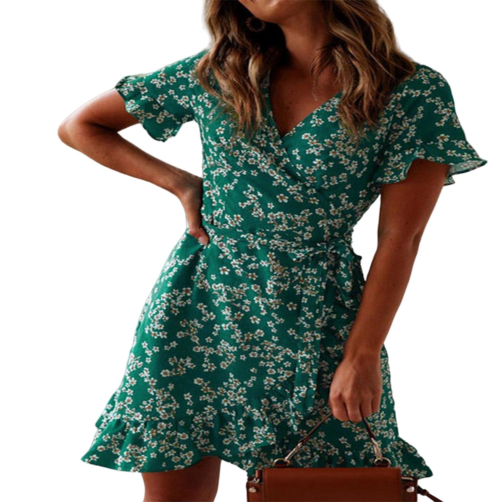 MOGSA Vestidos de verano para mujer, cuello en V, estampado floral, con volantes, manga corta, mini vestido cruzado