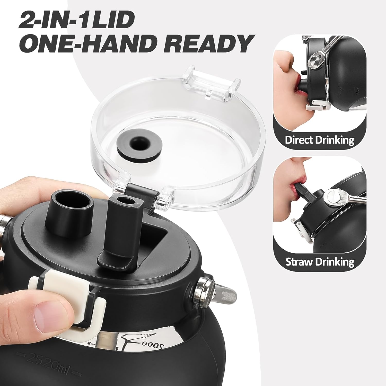 MUKOKO 84oz Glass Water Bottle with Time Marker and Silicone Sleeve 2.5L Water Jug with Stainless Steel Handle Gallon Drinking Bottle with 2-in-1 Lid Wide Mouth BPA Free, Black - Image 2