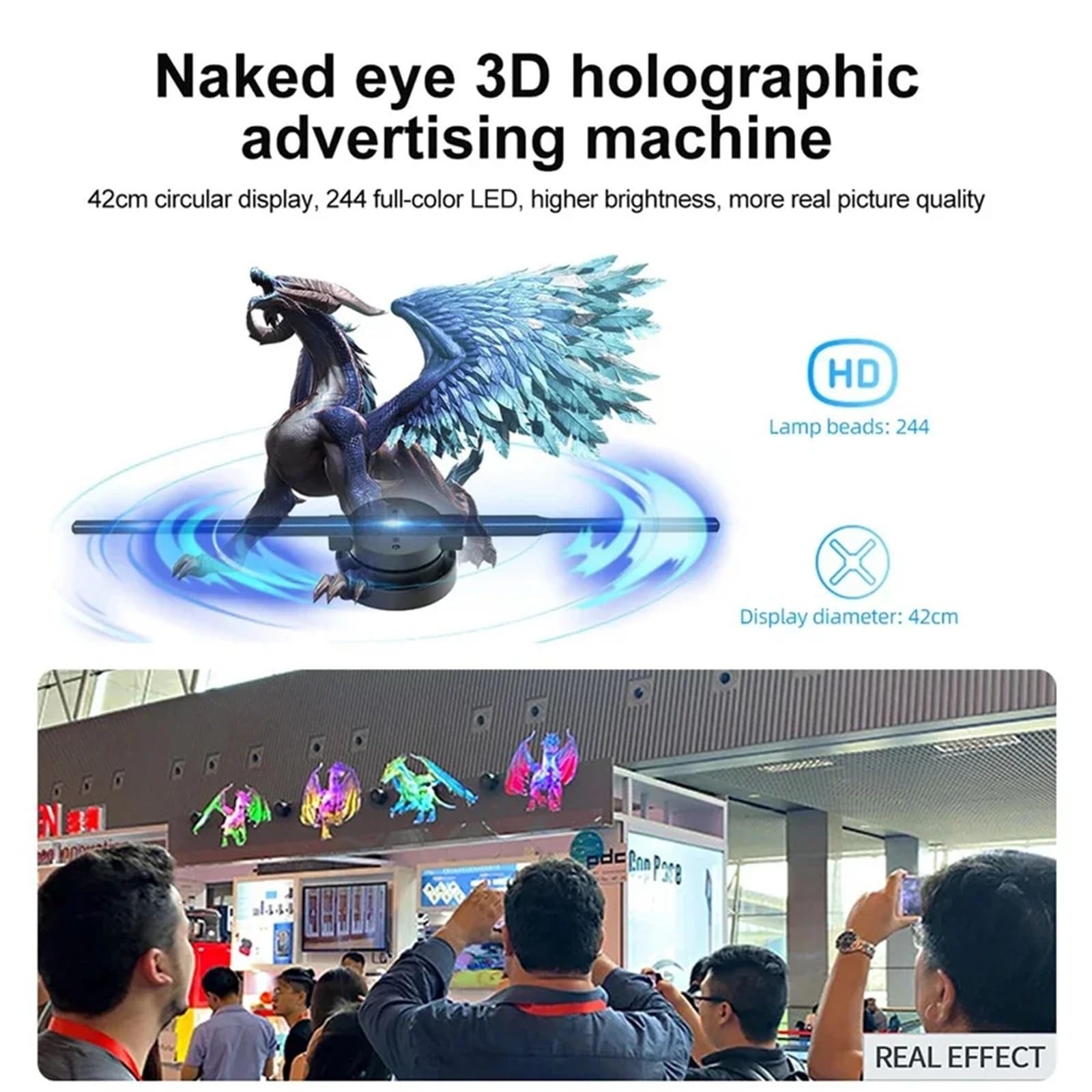 3D Hologram Fan 42CM WiFi Holographic Projector Advertising Display Light HD for Stores Bars Party Xmas(US-EU Plug)