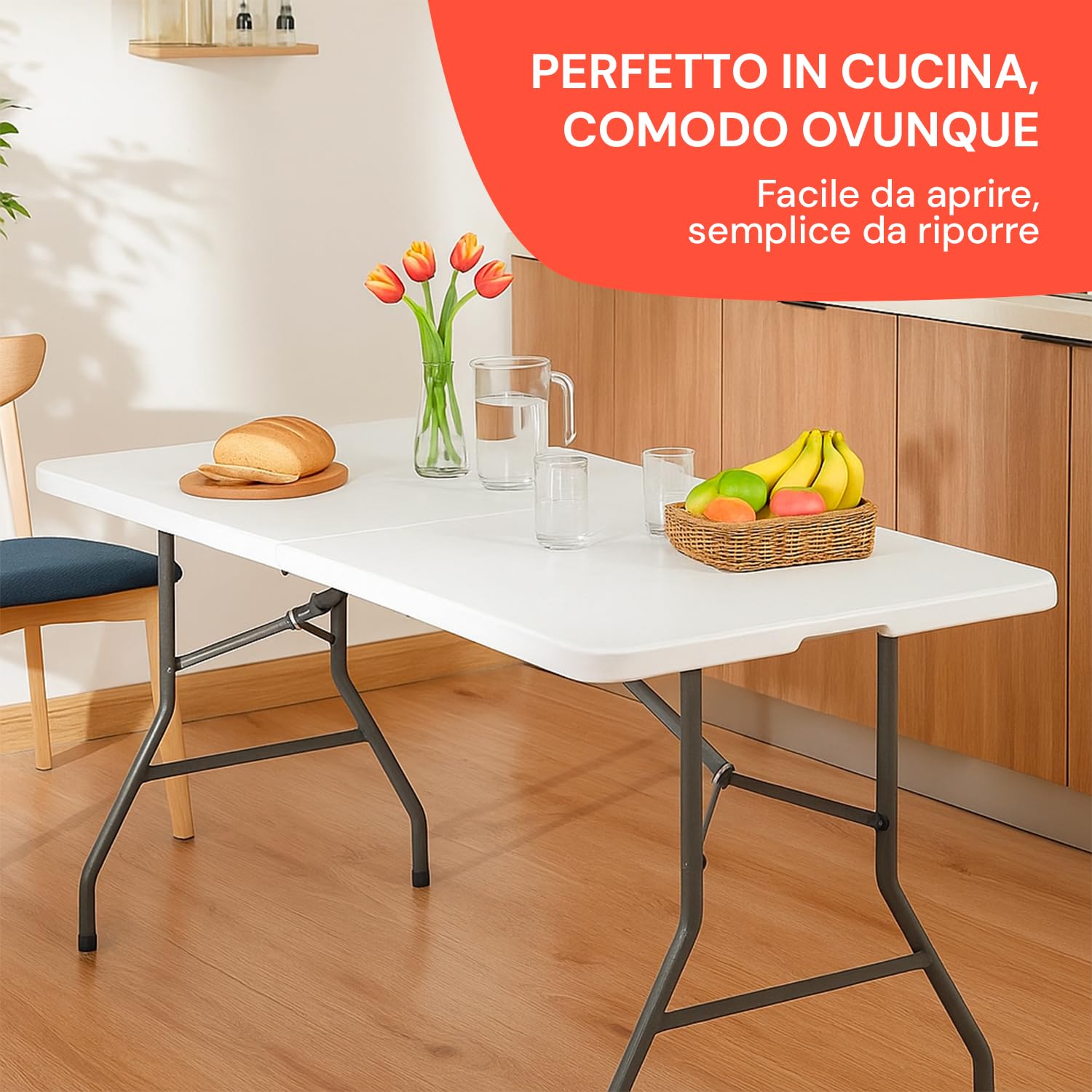 Avilia - Tavolo Pieghevole da Pranzo Salvaspazio per Cucina e Soggiorno, Richiudibile e Portatile con Blocco di Sicurezza, Superficie in HDPE per 6 Persone, 180x70x74 cm Bianco