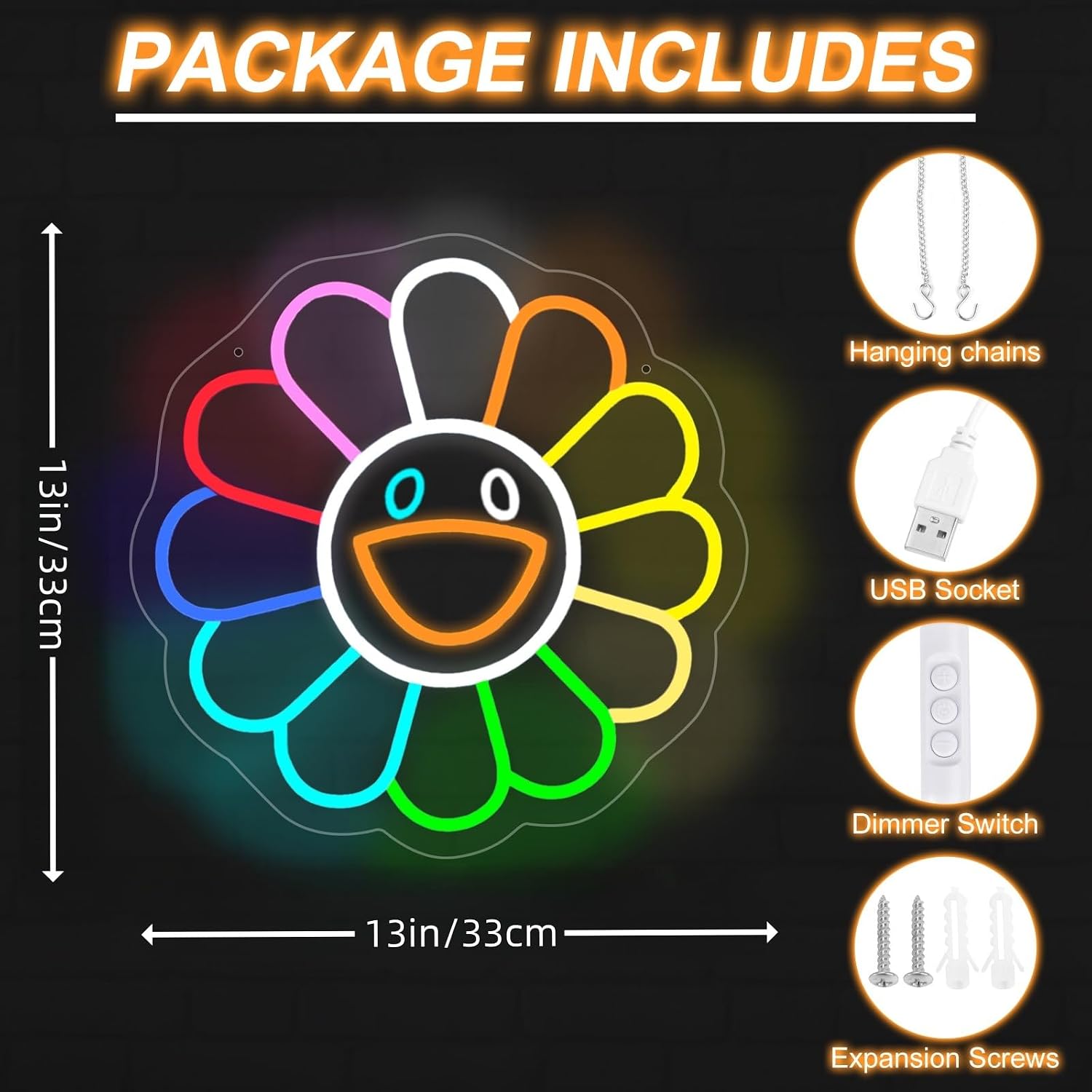 Smiling Sunflower Neon Sign for Wall Decor, LED Neon Wall Art for Room Decor Aesthetic, Cute Rainbow Flower Neon Light Sign, Inspirational Positive Gifts for Friends, 14"x13.8"
