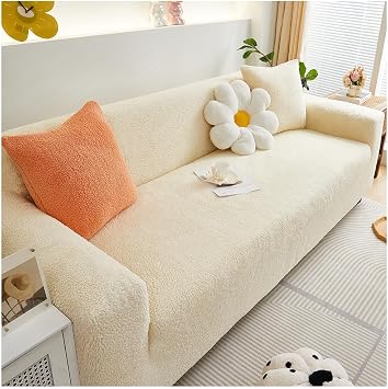 Stretch Sofa Covers 1 2 3 4 Seater, Soft Thick Plush Sofa Cushion Covers, Washable Non-Slip Sofa Slipcovers with Elastic Strap, Furniture Protector for Kids, Pets Beige, 1 Seater