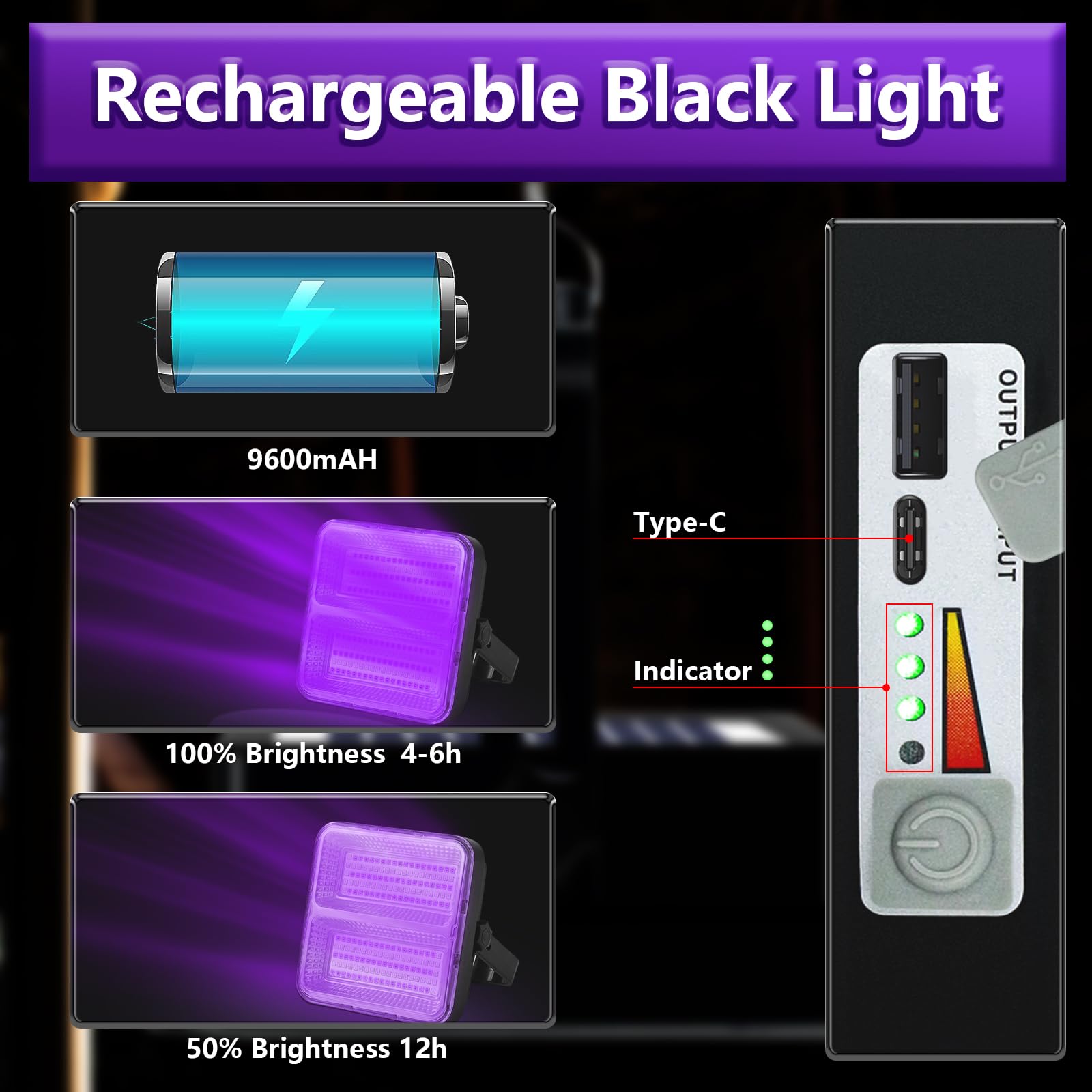 Luces LED negras recargables UV 395 nm, 9600 mAh, luz negra pilas, IP65, portátil, fiestas, iluminación escenario, Halloween, pintura corporal