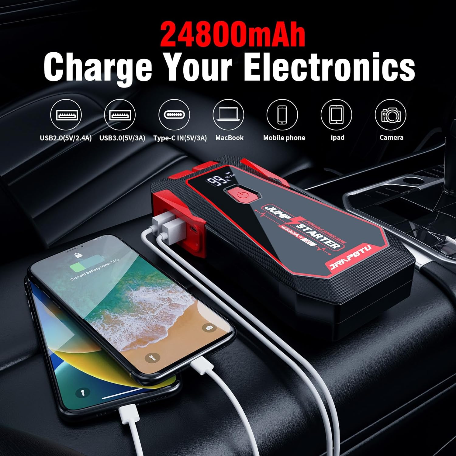 B08 Battery Jumper Starter Portable, 4000A Peak Boost Your Car Battery, 12V Jump Starter for 10.0L Gas  8.0L Diesel Engines, Car Jump Starter with LCD Display  LED Flashlight