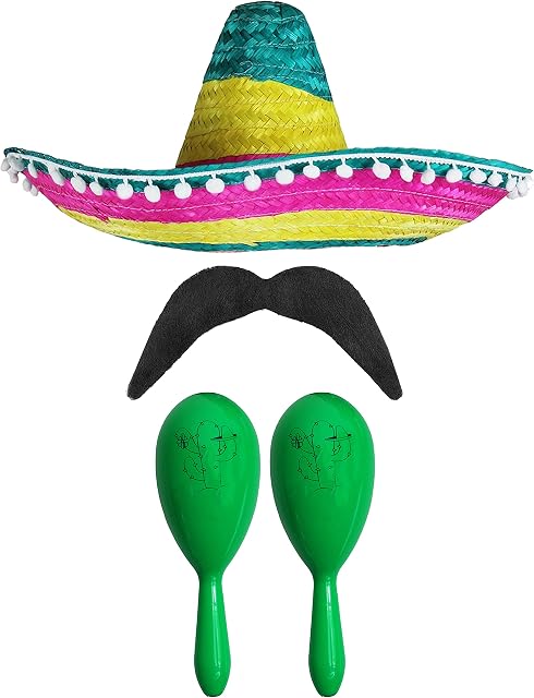 MEXICAN FANCY DRESS ACCESSORY SET - MEXICAN SOMBRERO WITH MARACAS AND TASH MULTICOLOURED POM POM SOMBRERO + 2X GREEN MARACAS