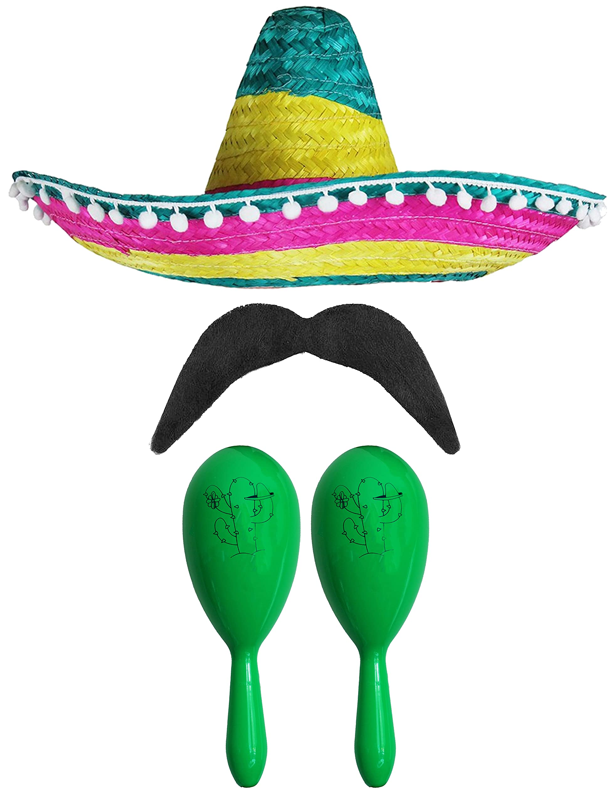 Adults Mexican Accessory Set - Multicoloured Sombrero, Green Maracas, Moustache - Cinco de Mayo Sensorita Bandit Mariachi Fancy Dress Costume Accessory Set