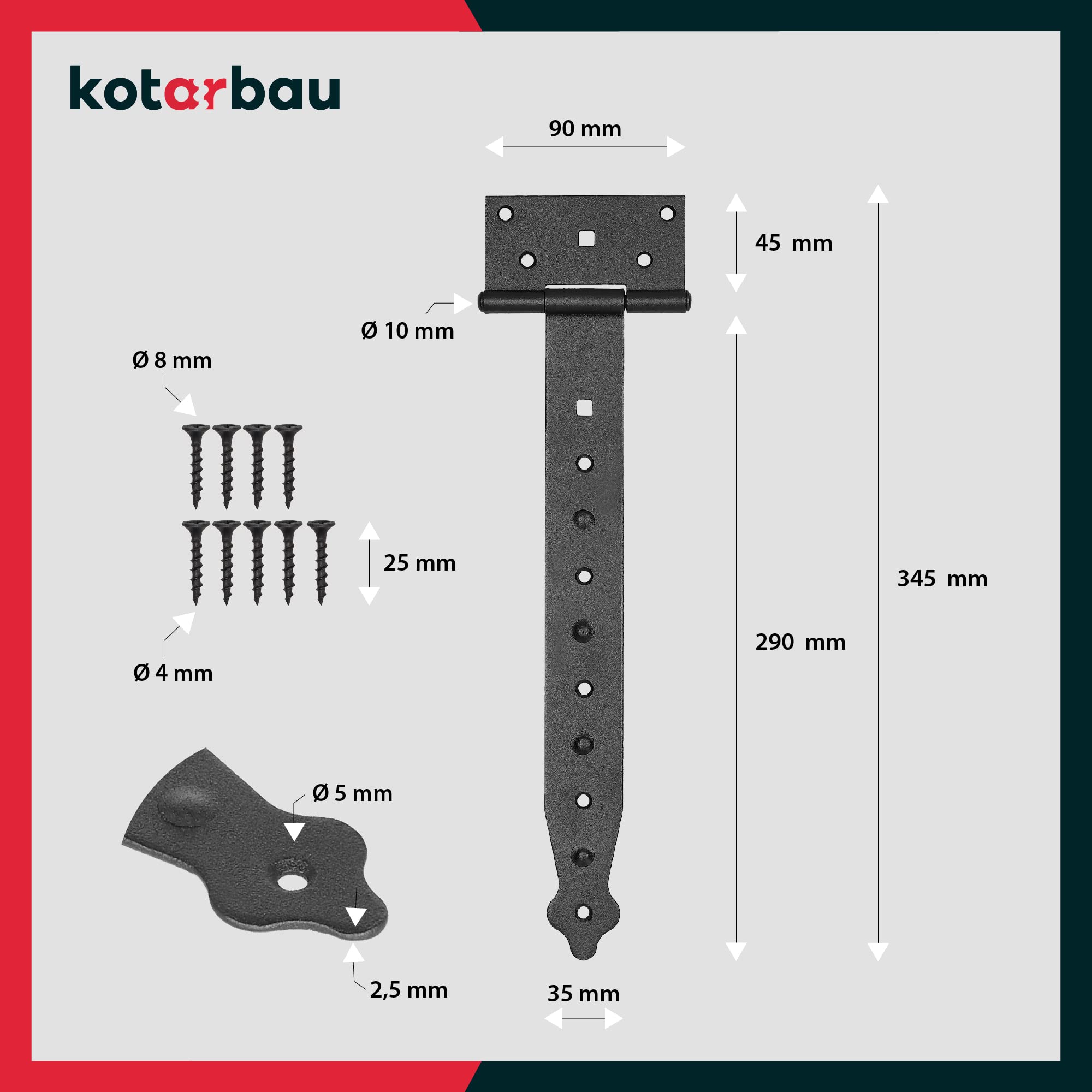 KOTARBAU® Zawias krzyżowy, czarny, 300 mm, zawias do drzwi, zawias drzwiowy, do bramy zewnętrznej, zawiasy do bramy, zawiasy do bramy budowlanej, okucie budowlane, taśma ogrodowa, malowana proszkowo,