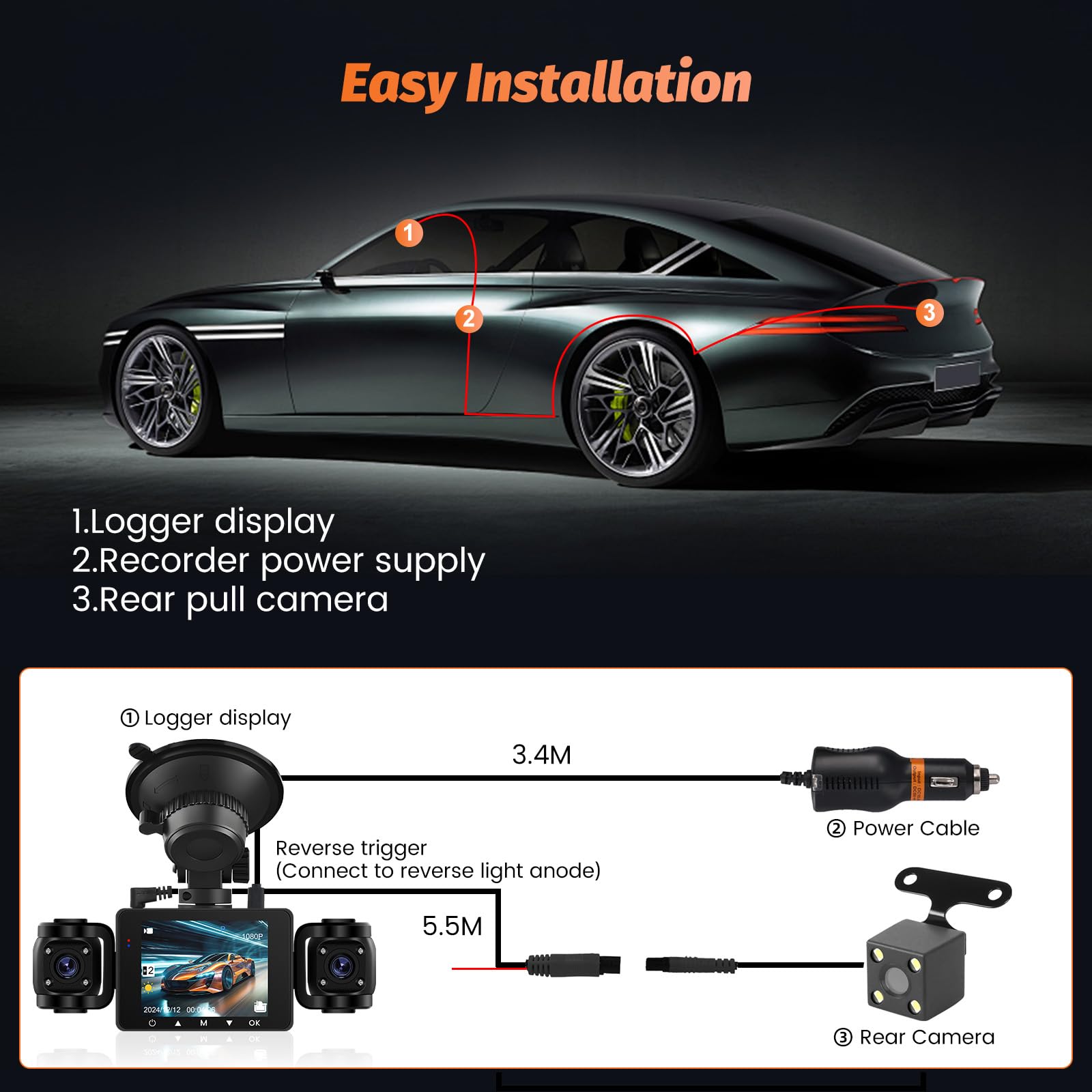 Roinvou Dash CAM 1080P 2.4'' 170 Gran Angular Tarjeta SD 64G | Vision Nocturna, Grabacion en Bucle, Sensor G, Modo Estacionamiento 24H