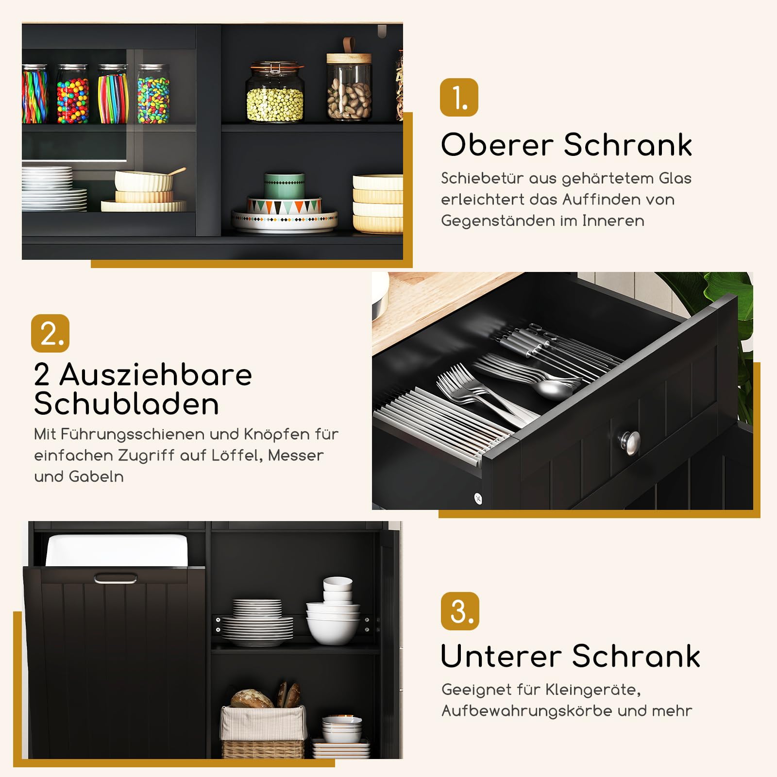 COSTWAY Küchenschrank, für 45 L Mülleimer, Buffetschrank mit Arbeitsplatte & 2 Schubladen & verstellbaren Einlegeböden, Hochschrank Küche für Mikrowelle, Kommode Holz, 100 x 34 x 172 cm (Schwarz)