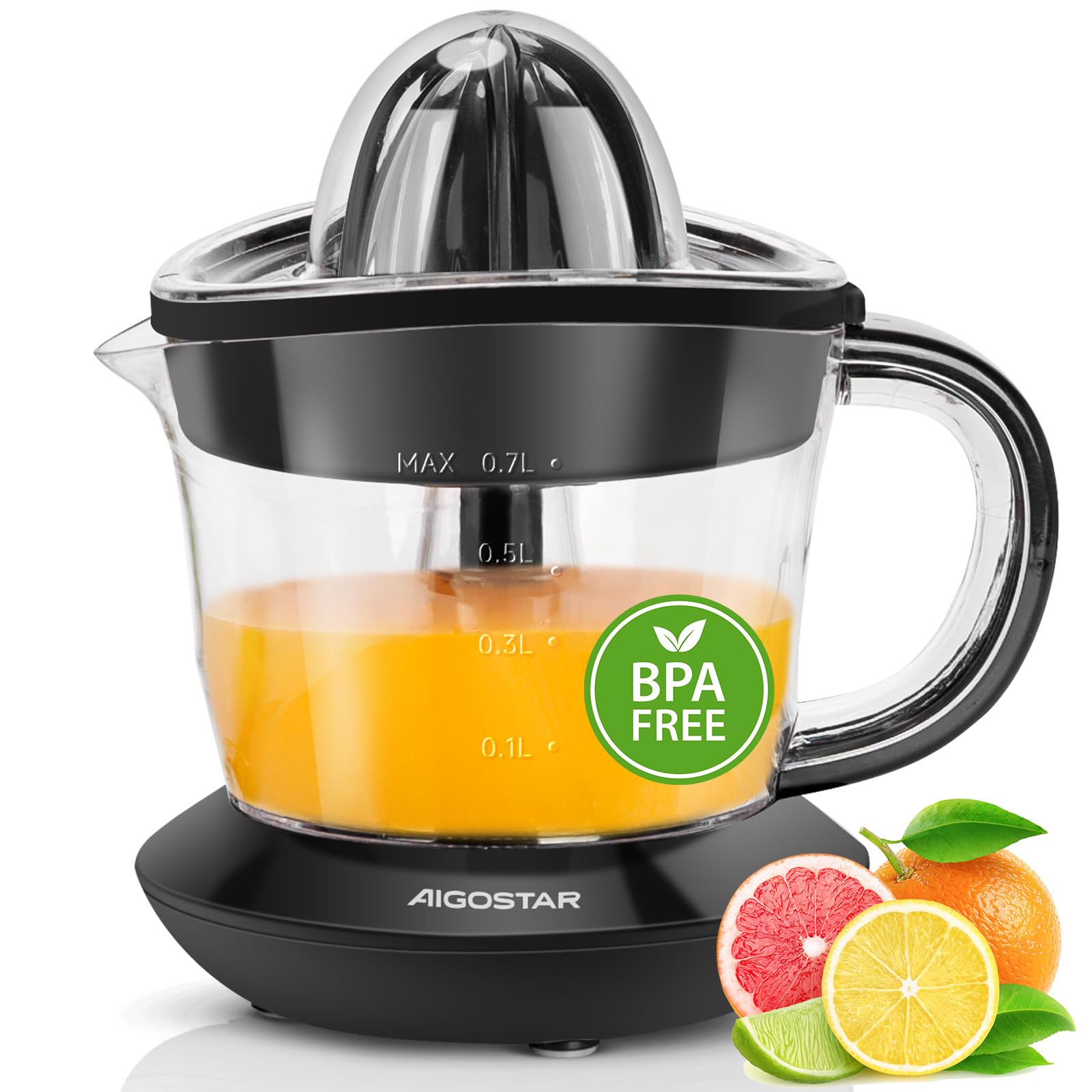 Aigostar Elektrische Zitruspresse 2 Kegel & BPA-Frei, Orangenpresse 40 W, 700ml Saftpresse Elektrisch, 2 Drehrichtungen, Hohe Saftausbeute, Spülmaschinenfest & Tropfsicher