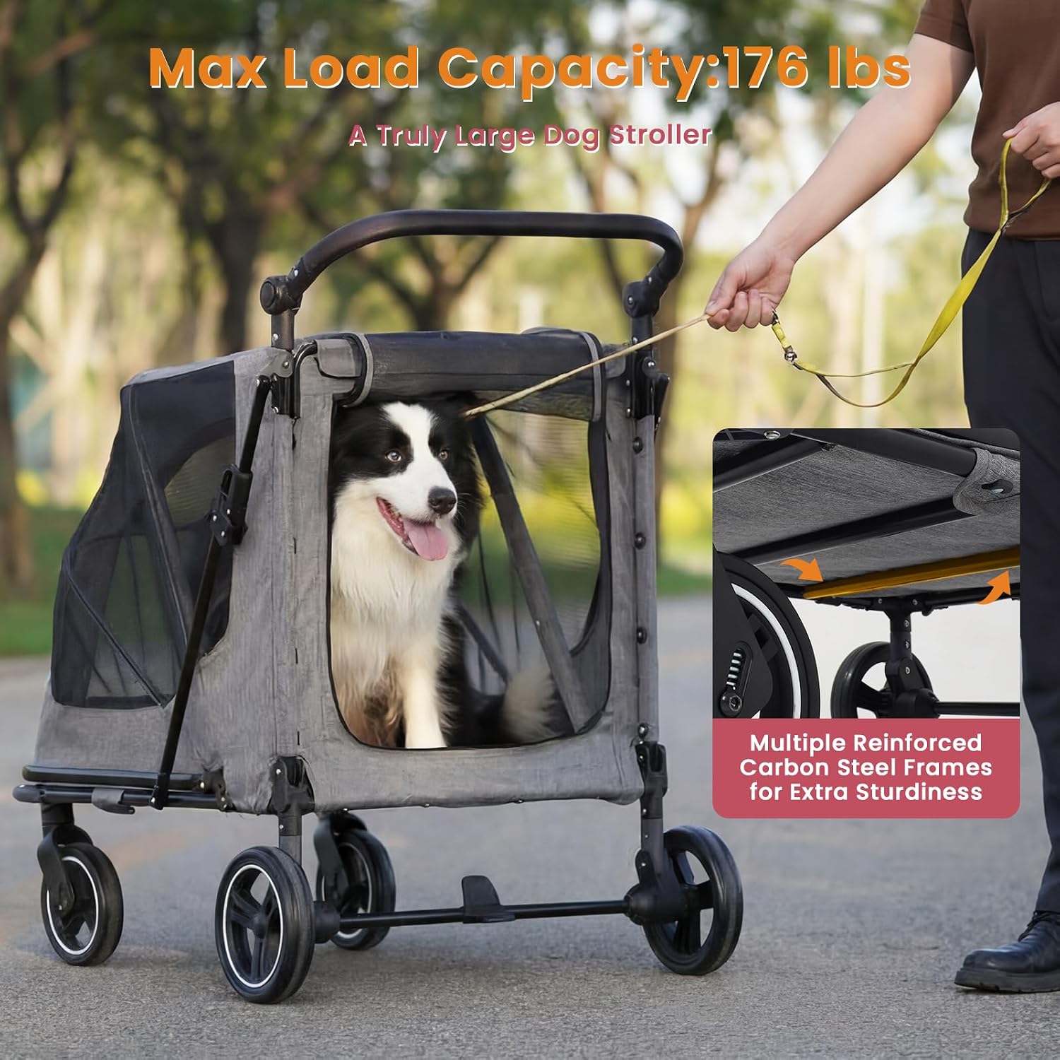 Dog Stroller for Large/Medium Dogs,Pet Stroller Up to 176 lbs,Extra Large Foldable Stroller for 2 Dogs Cats,Full-Open Sunshade Canopy,Adjustable Handle(Red)