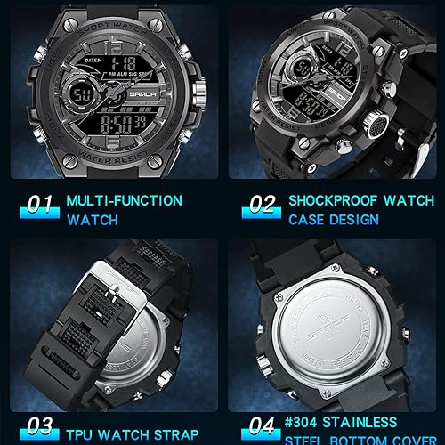 Miniatura 5 de findtime Reloj militar táctico para hombre, resistente al agua, resistente al aire libre, deportivo, analógico, digital, 1224H, cara grande,