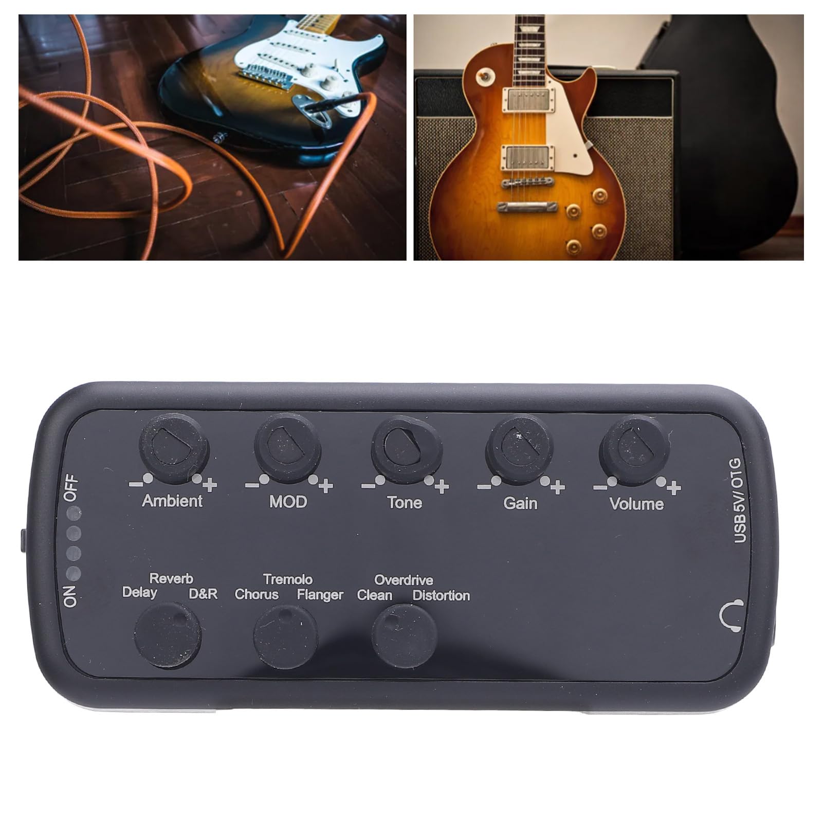 Pocket -Gitarren -Kopfhörerverstärker, E -Gitarren -Kopfhörerverstärker mit Verzerrung Overdrive -Verzögerung, Wiederaufladbarer Mini -Verstärker für Schlafzimmerpraxis, Chorus