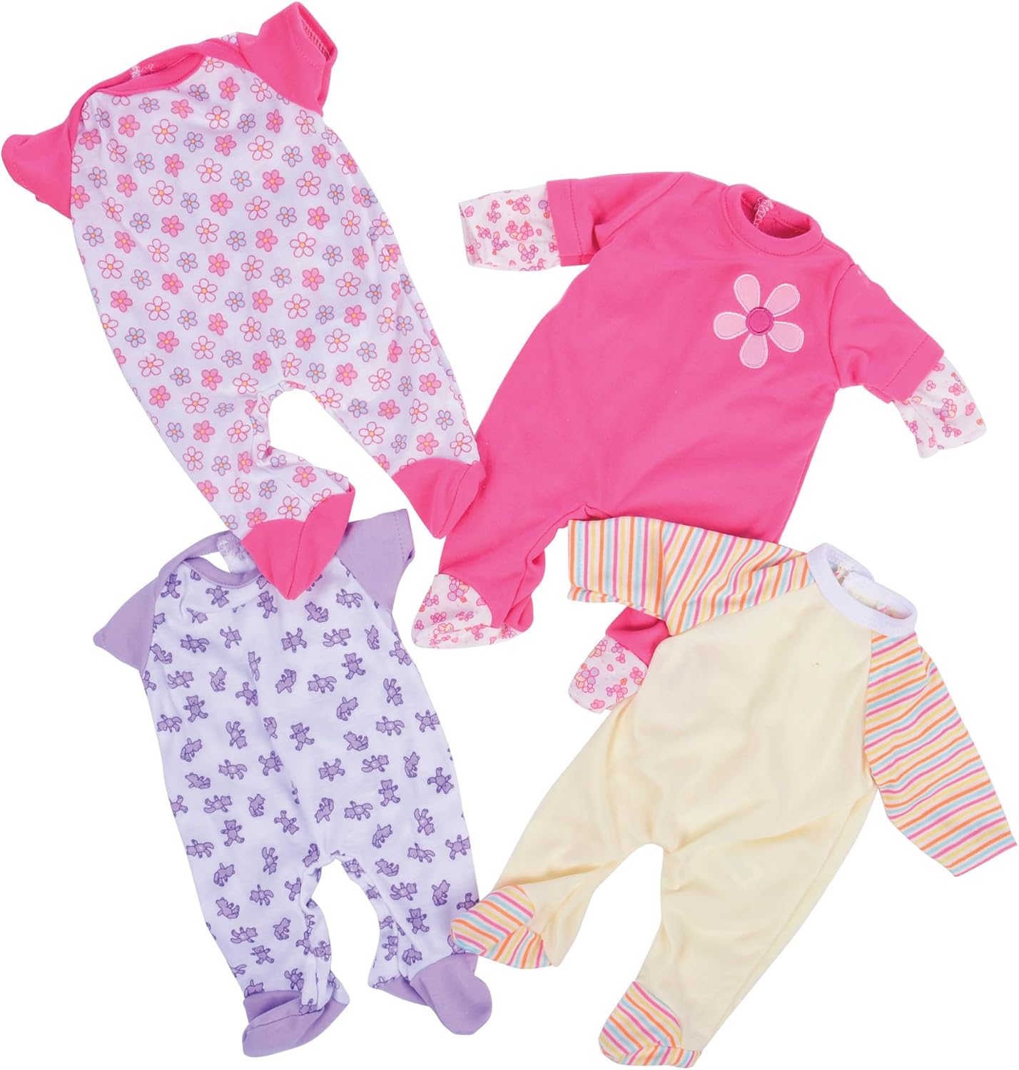 Constructive Playthings Washable Pajama Outfits with Hook and Loop Closures for 10 inch Baby Dolls, Set of 4