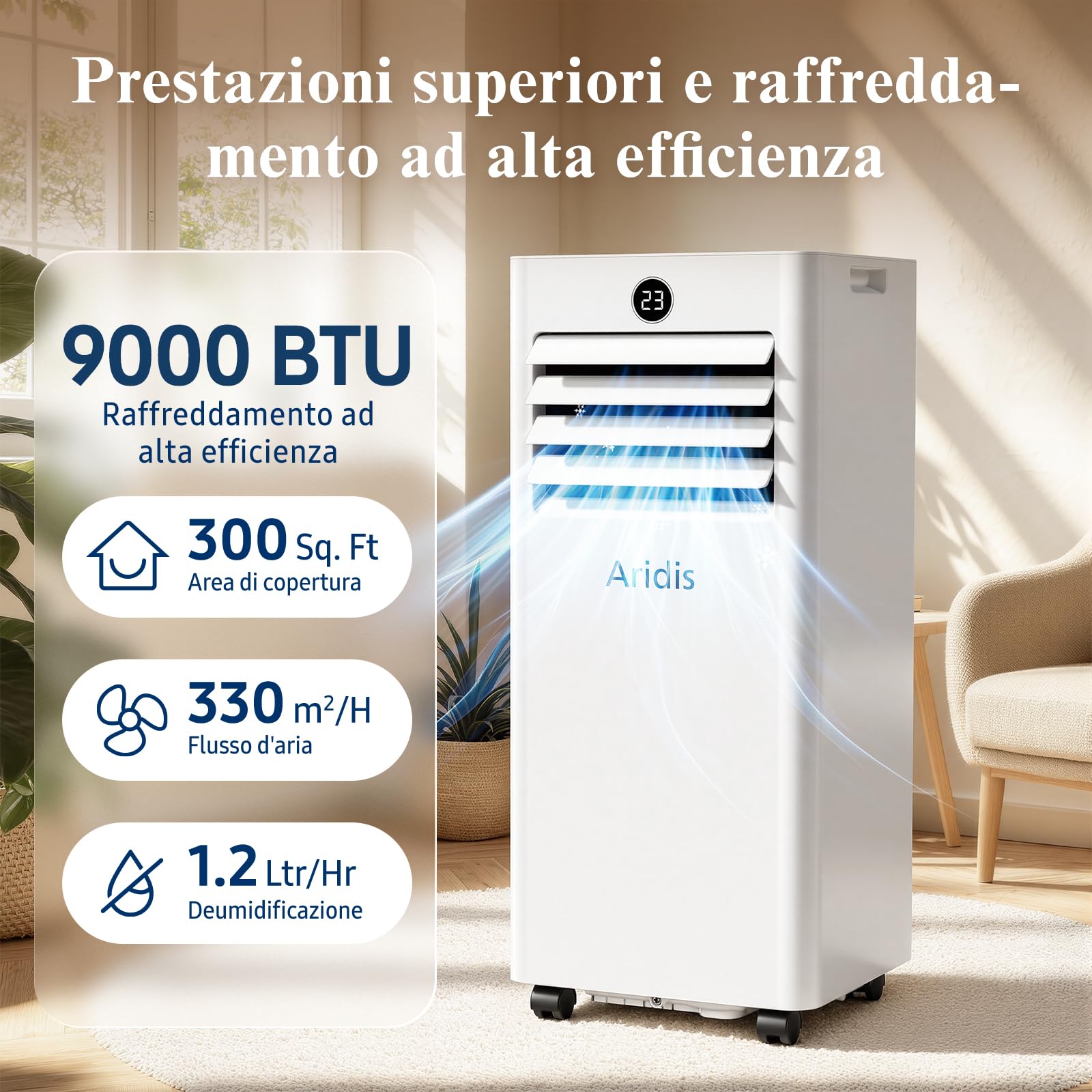 Condizionatore Portatile Climatizzatore Silenzioso - 9000BTU Climatizzatore senza Unità Esterna, Raffrescatore a Basso Consumo con Kit Finestra, Display LED, 4 Modalità, Copertura 33 m² Bianco