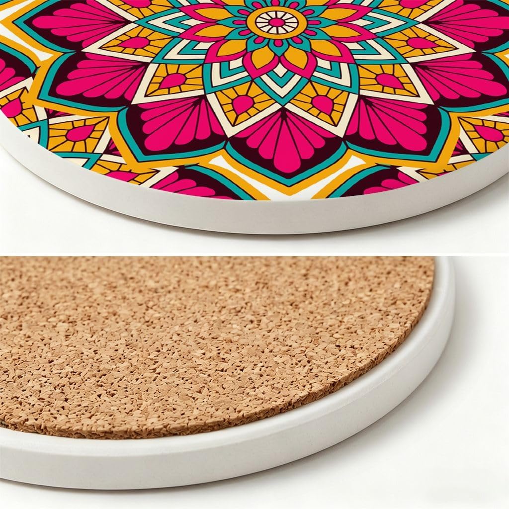 Pink Floral Boho Coasters for Bedroom Vanity, Fuchsia Harmony Mandala Absorbent Ceramic Pads, 6 Pack Aesthetic Gift for Her image 5