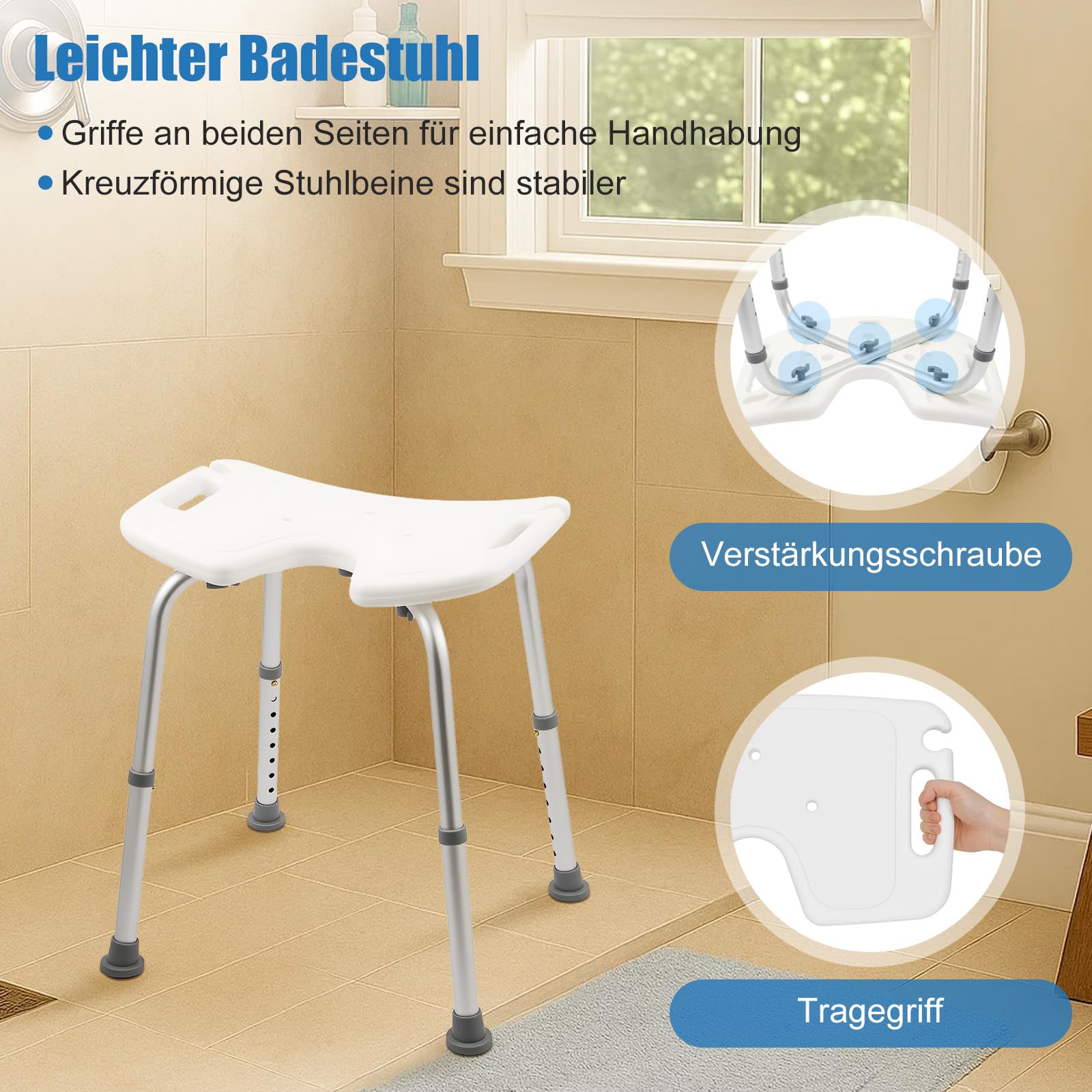 Duschhocker Höhenverstellbar Duschstuhl mit Hygieneausschnitt Griffen Badhocker 37–51 cm Rutschfester Duschsitz Leicht & Sicher für Senioren, Schwangere & Menschen mit Handicap