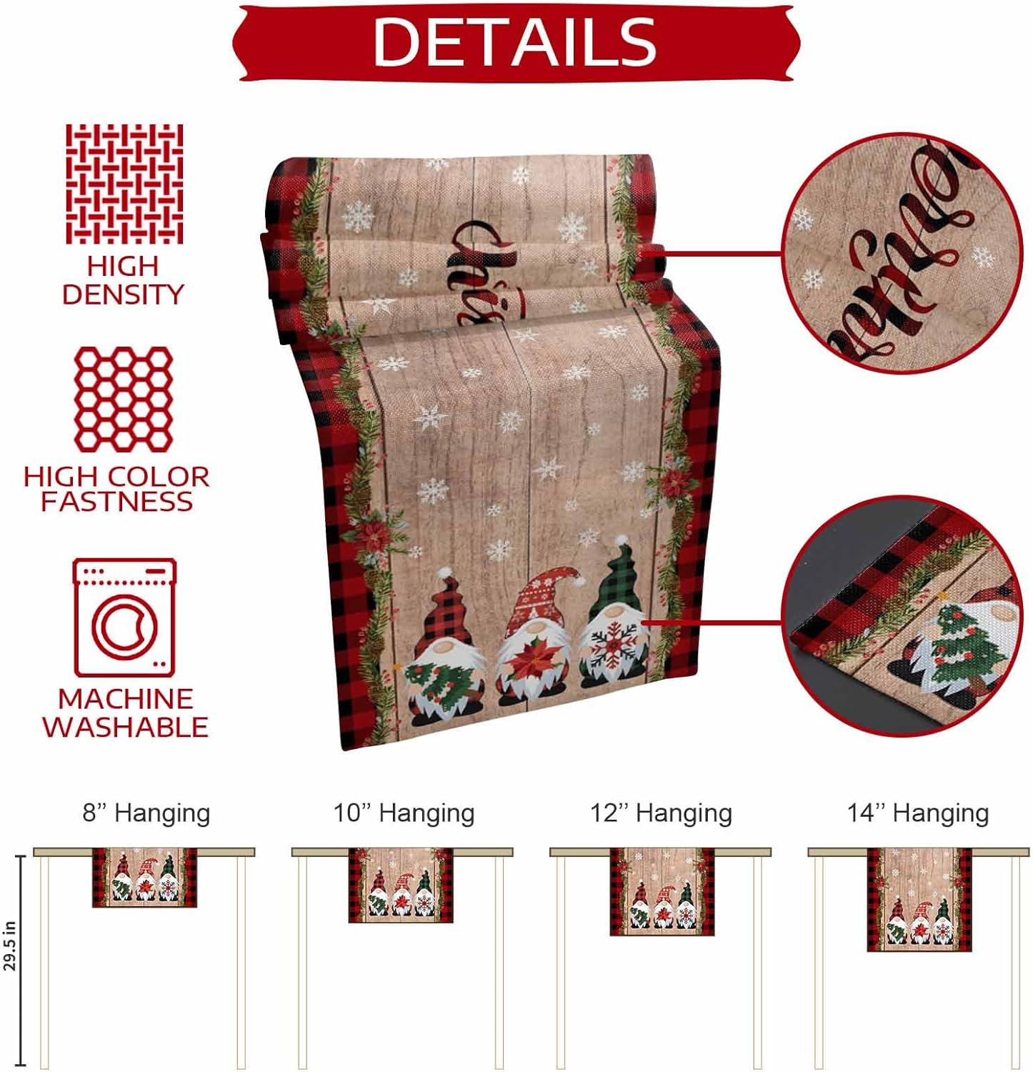 Gnomes Christmas Decorations Table Runners Cotton Linen Farmhouse Buffalo Plaid Red Black Non-Slip Rectangle for Party Kitchen,Home ,Dining Table ,Outdoor,Extra Long 13X120 Inches Winter Snowflakes