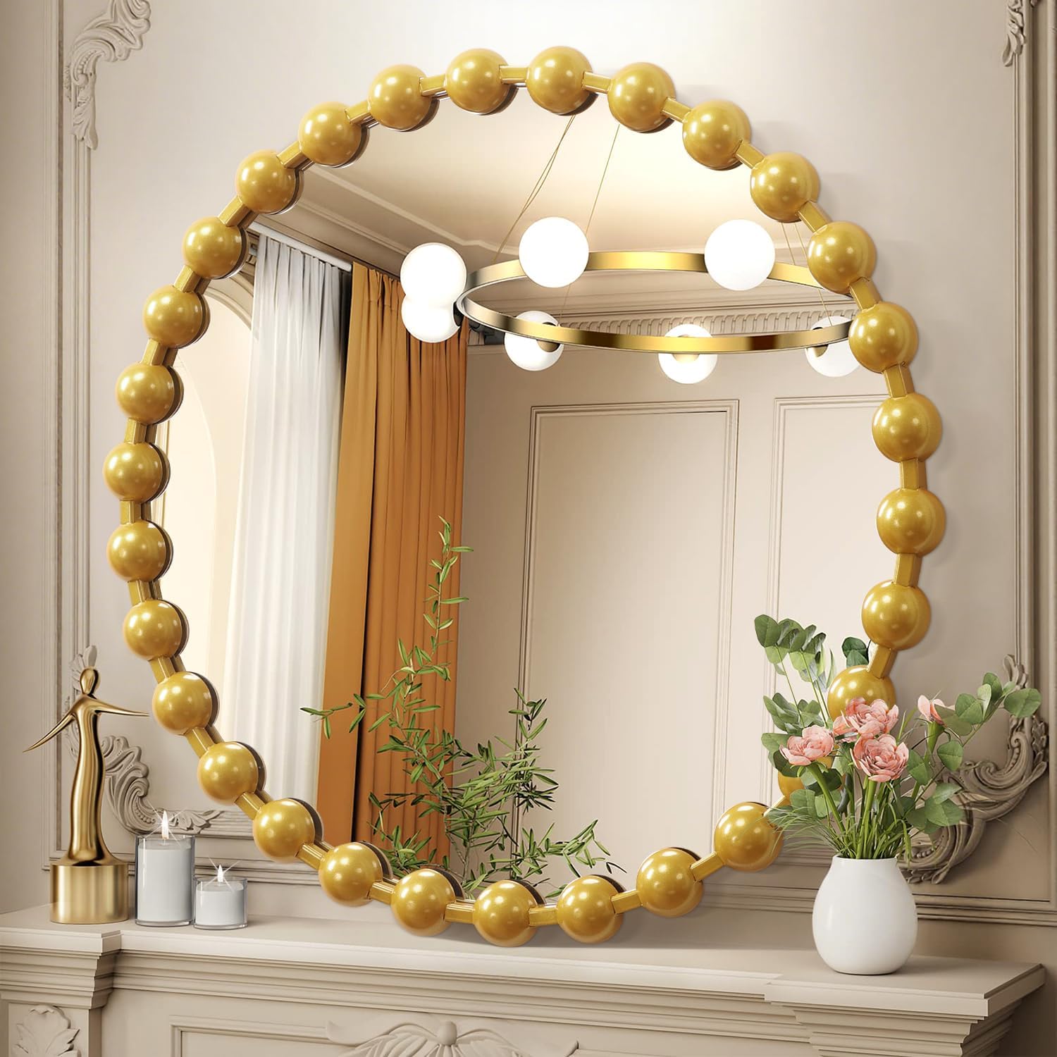 aazzkang golden beaded mirrors with metal framed large round wall mirror 28" home decor for bathroom bedroom living room entryway 28"l x 28"w gold