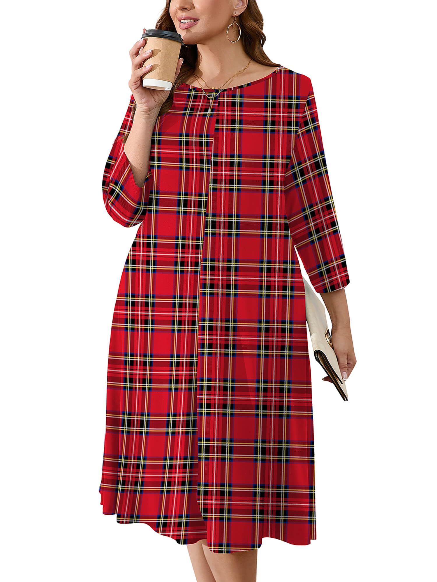 AusLook Women's Plus Midi Dresses Crew Neck A Line 3/4 Sleeves Casual Elegant Loose Wedding Vacation Dress with Pockets