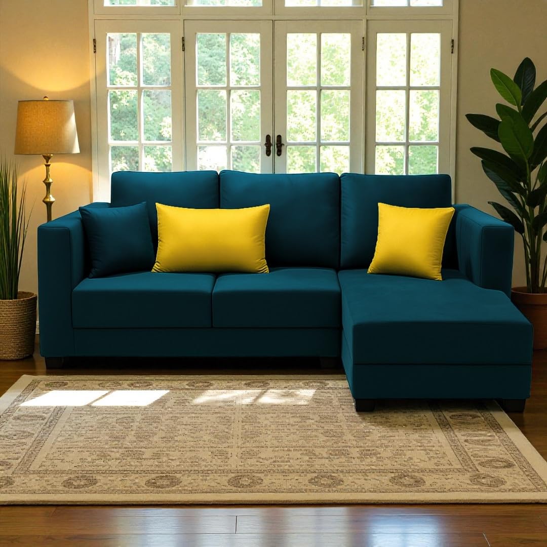 FURNY Milosa 4 Seater Fabric RHS L Shape Sofa Set with Extra Cushions (Greenish Teal) Premium Velvet Finish | Ideal of Living Room