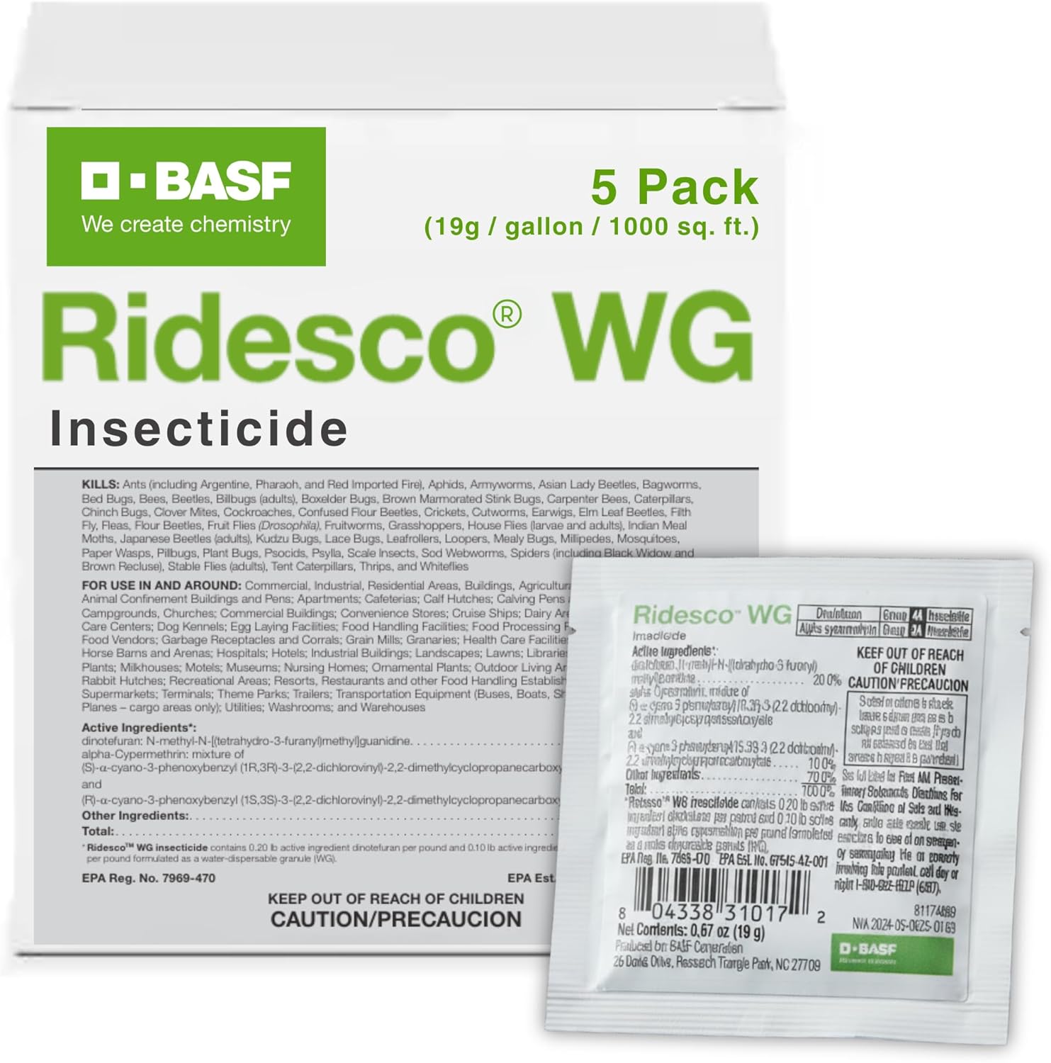 BASF Ridesco WG Rapid Response Insecticide, Two Powerful Active Ingredient Quick Release Insect Killer for Indoor or Outdoor Applications, 5 Pack, 19 Gram Single Use Sachet