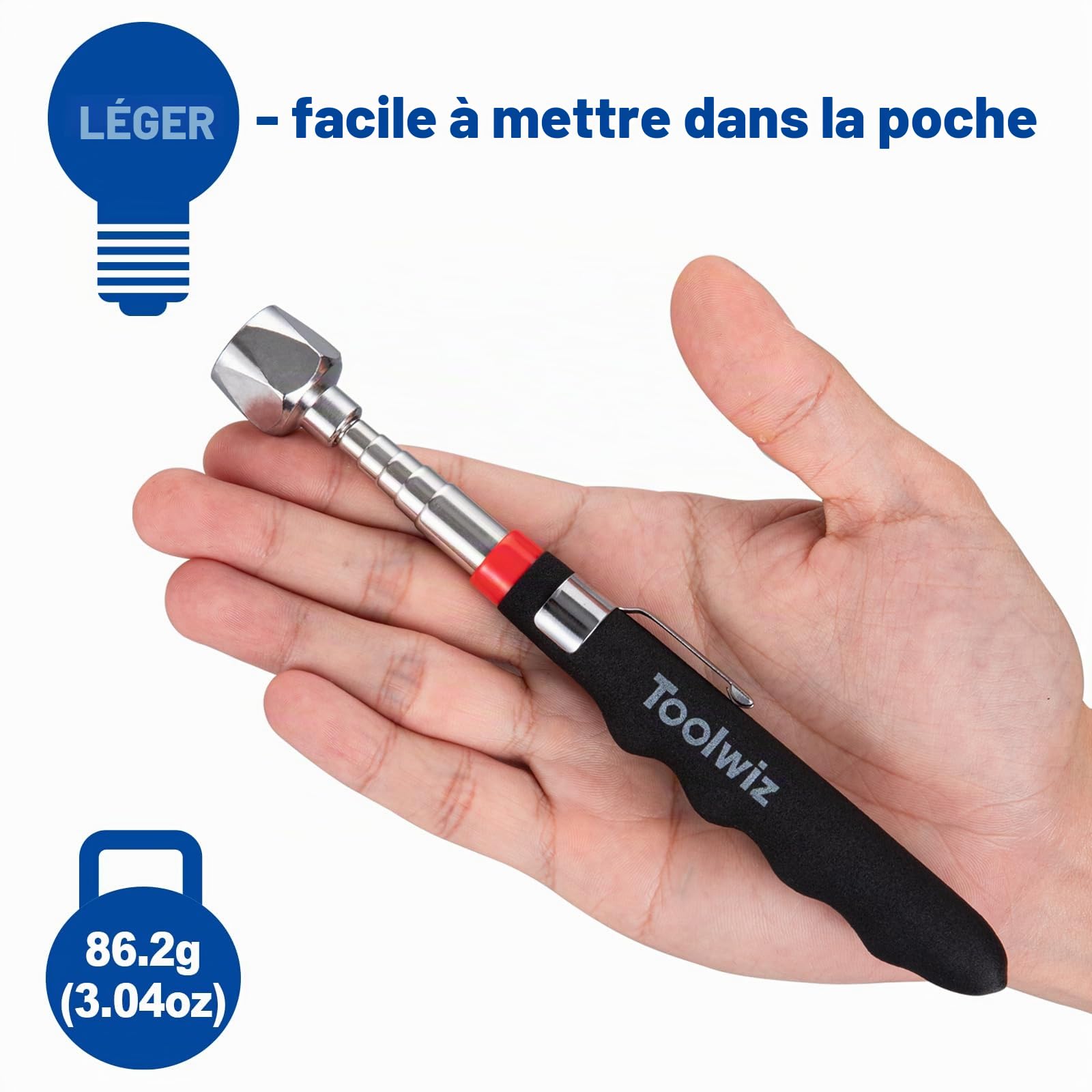 Toolwiz Balai magnétique roulant de 43,2 cm, 4 kg, avec outils de ramassage magnétiques télescopiques de 7,3 kg – Balayeuse légère avec roues pour clous, vis et débris métalliques pour usage