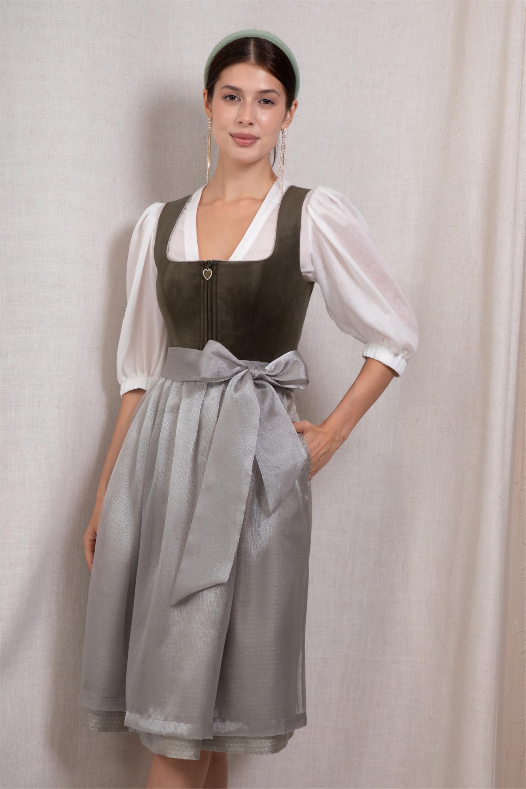 Damen Dirndl Moosgrünes/Grün 65cm/70cm,Elegant (Ohne Dirndlbluse) | Dirndl Grün,Dunkelgrüne,Velours-Mieder,mit Samt,Trachtenmode,Eckiger Ausschnitt,Dirndl Lang,für Oktoberfest Größe 36-44